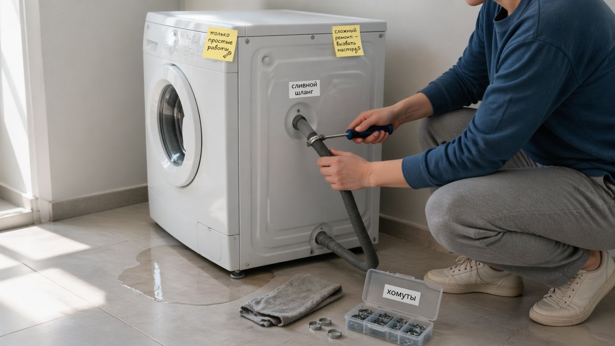 Современная стиральная машина, немного отодвинутая от стены, на полу рядом небольшая лужица воды, но без драматизации. Владелец (силуэт без деталей лица, нейтральная одежда)