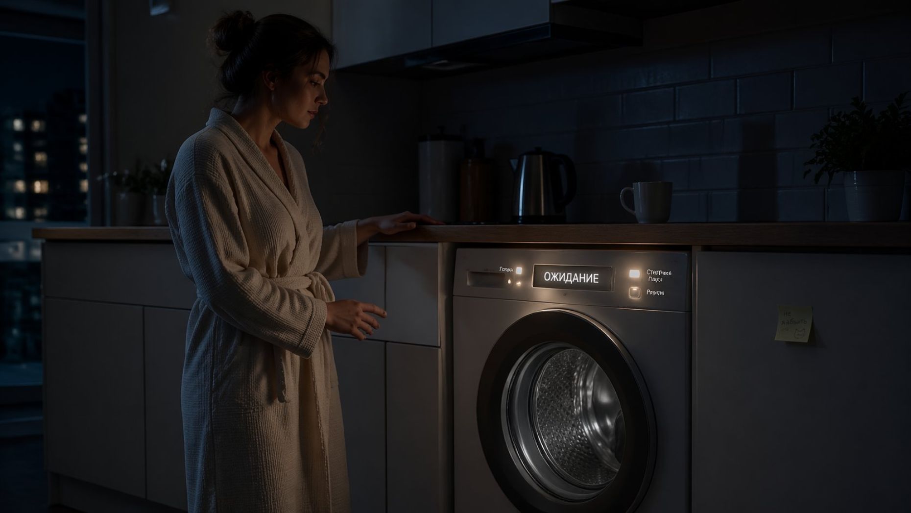 Полуночная кухня в современном стиле, общий вид: мягкий полумрак, единственный источник света — слабо светящаяся панель стиральной машины под столешницей. На переднем плане силуэт