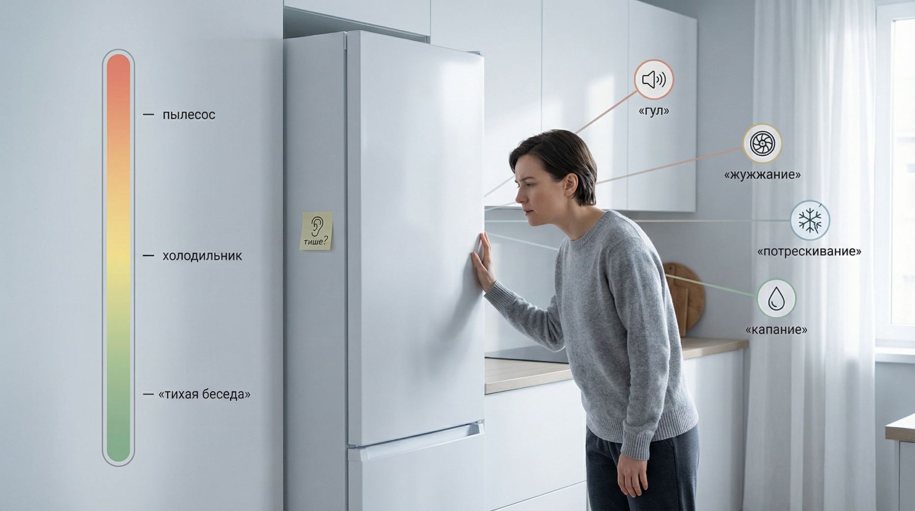 Минималистичная современная иллюстрация: на переднем плане холодильник в кухне, а рядом человек в полупрофиль, прислушивается к двери, рядом на стене висит условный «шумомер» в