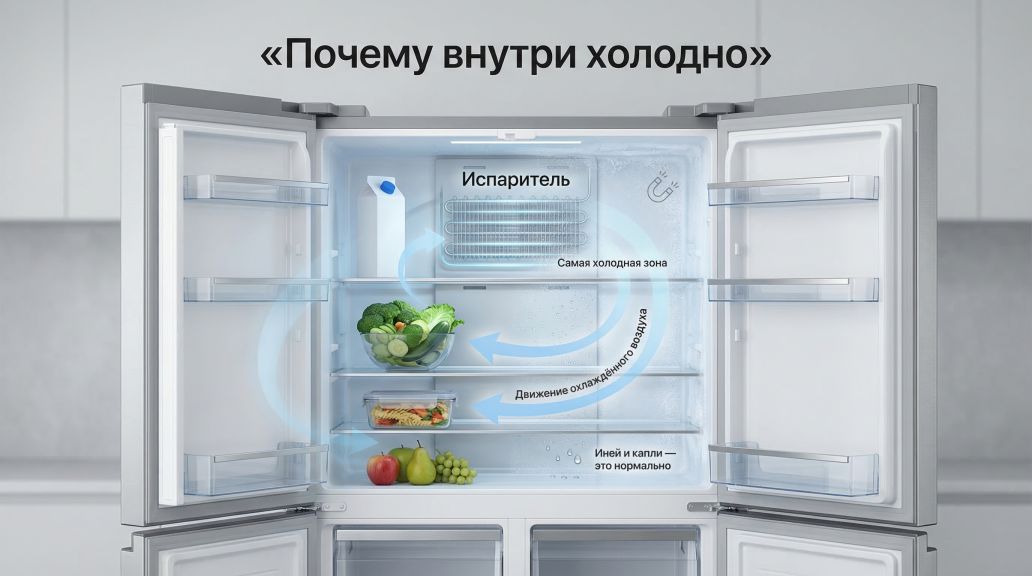 Схематичный разрез холодильника в современном минималистичном стиле. Видна основная камера, задняя стенка и блок испарителя за ней. Внутри на полках стоят простые условные