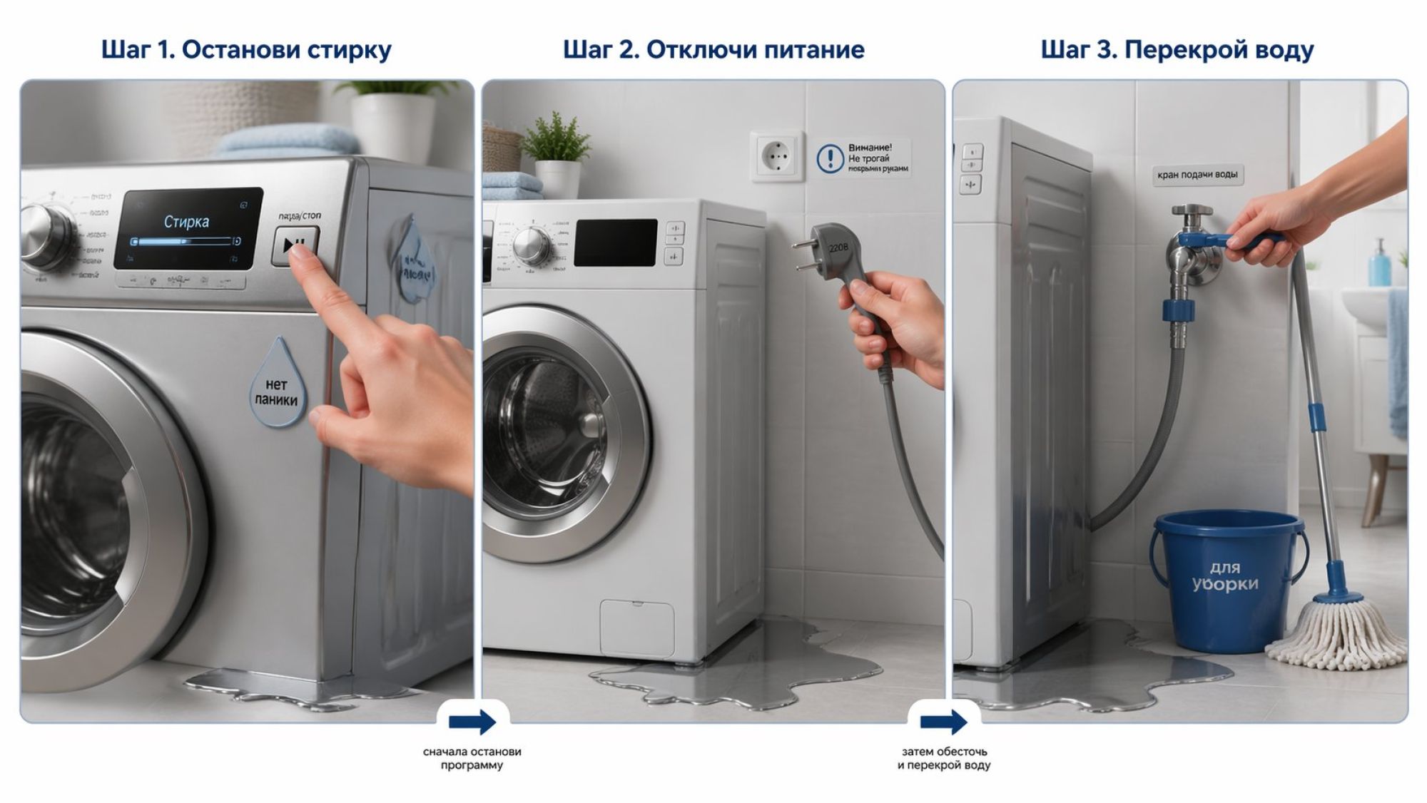 Горизонтальная иллюстрация в виде трёх последовательных мини-сцен слева направо, каждая в отдельной мягко очерченной рамке с подписью сверху. Сцена 1 (левая рамка, заголовок