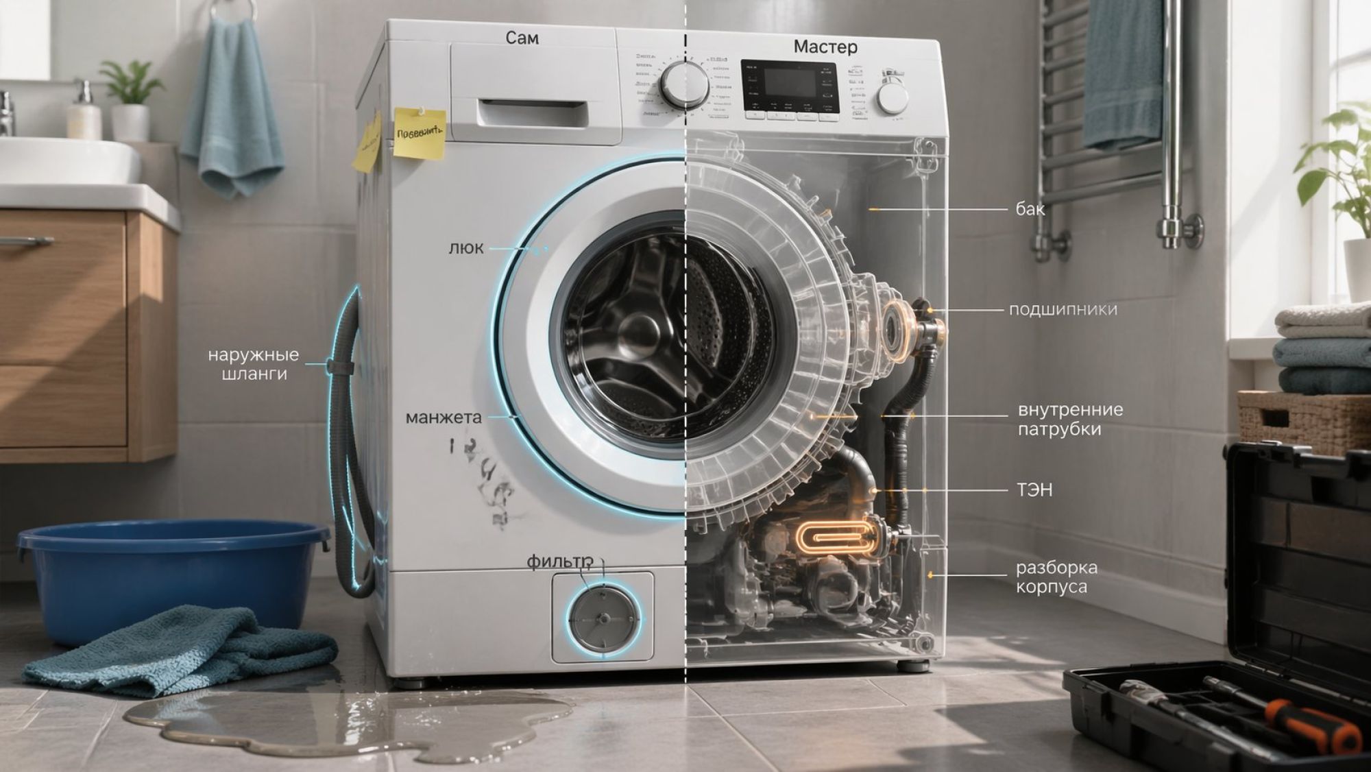 Современная стиральная машина крупным планом в небольшой ванной. Слева на полу небольшая лужица воды, рядом лежат тряпка и низкий широкий таз. На передней панели машины условно