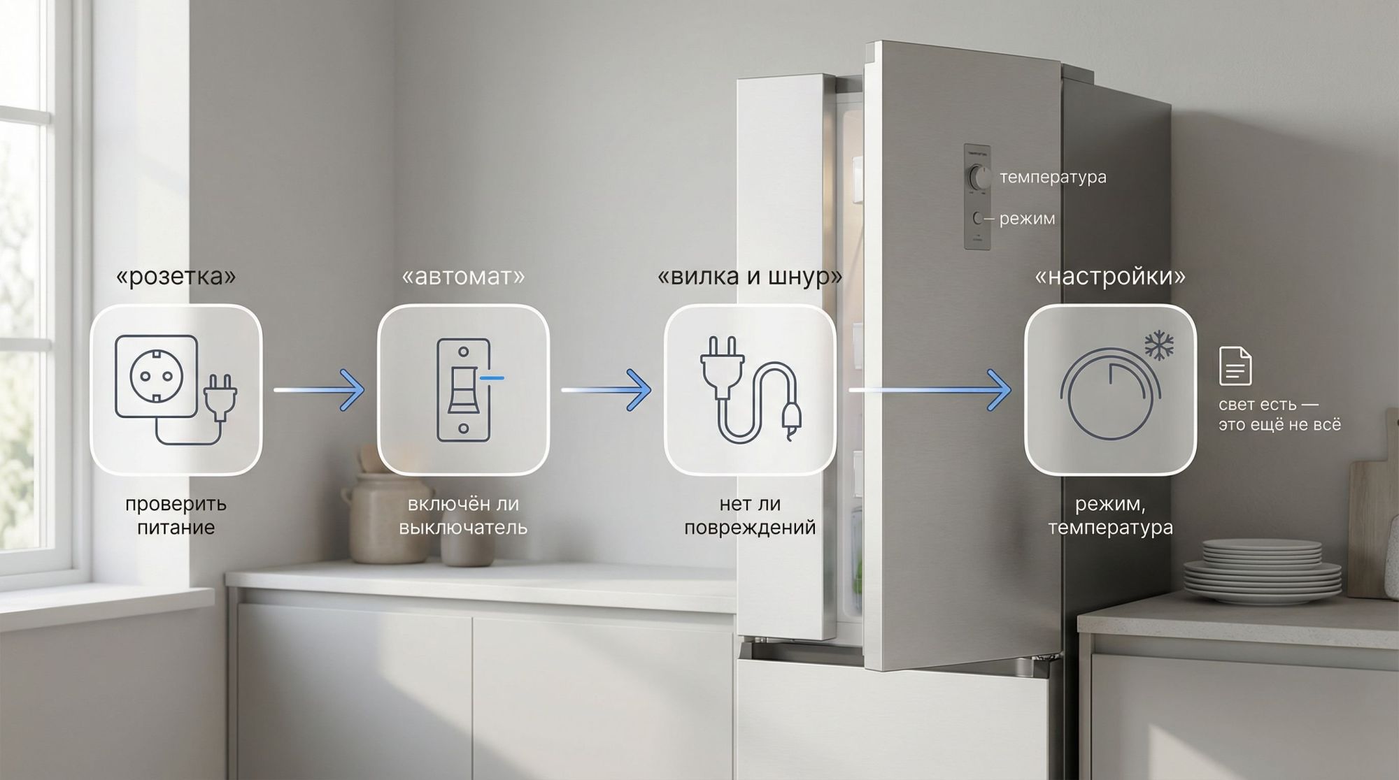 Современная аккуратная кухня в спокойных тонах, на переднем плане холодильник в человеческий рост, немного повернутый под углом к зрителю. Вокруг холодильника — условная «цепочка