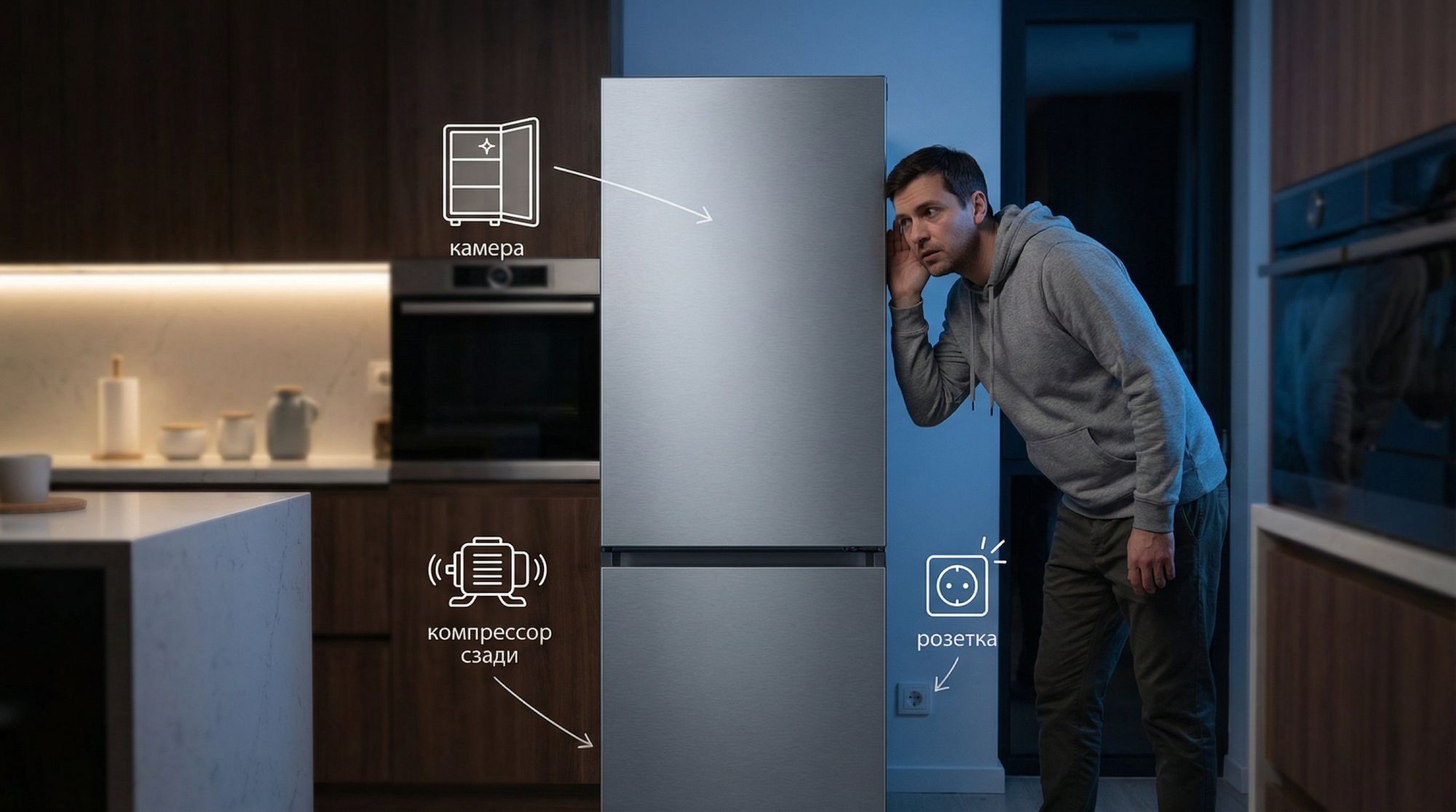 Современная кухня, в центре — холодильник в легком полутемном окружении, хозяин застыл и прислушивается, слегка наклонившись к технике. На самом холодильнике тонкими, аккуратными