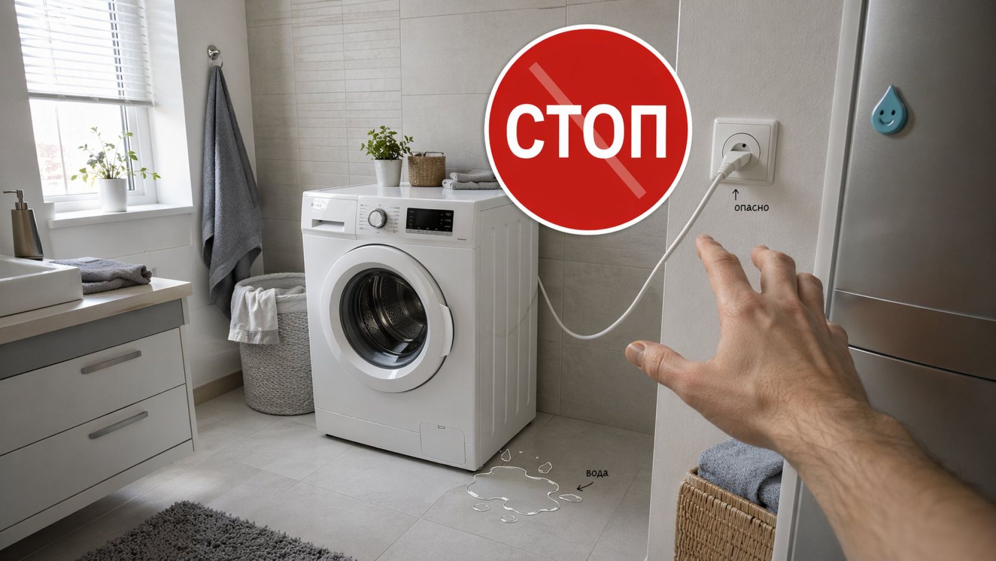 Современная ванная комната в спокойных тонах, вид немного сверху. В центре — стиральная машина, вокруг неё сухой чистый пол. На переднем плане крупно показана рука, тянущаяся к