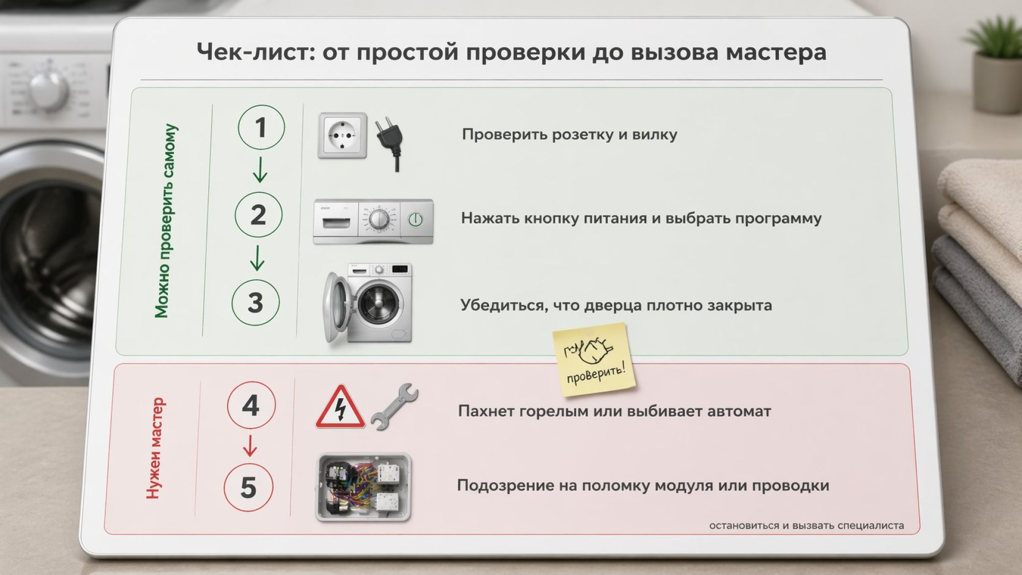 Инфографика в виде вертикального чек-листа с иконками, разделённого на две крупные зоны: сверху блок «Можно проверить самому», снизу блок «Нужен мастер». Слева идут