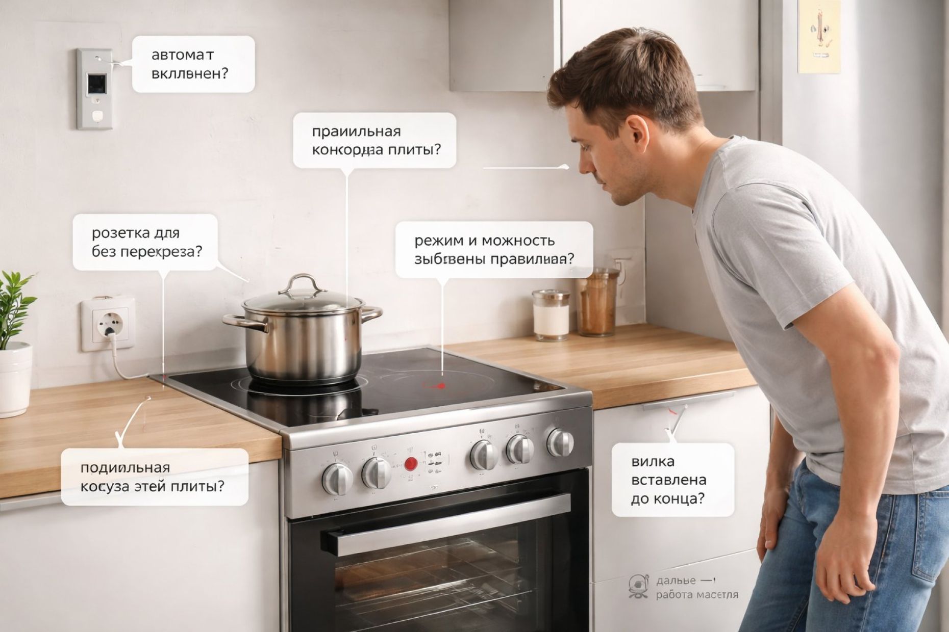 Горизонтальная иллюстрация‑сцена «экспресс‑чек‑лист плиты без отвертки». На переднем плане современная электрическая плита в кухне, духовка внизу, на одной конфорке стоит