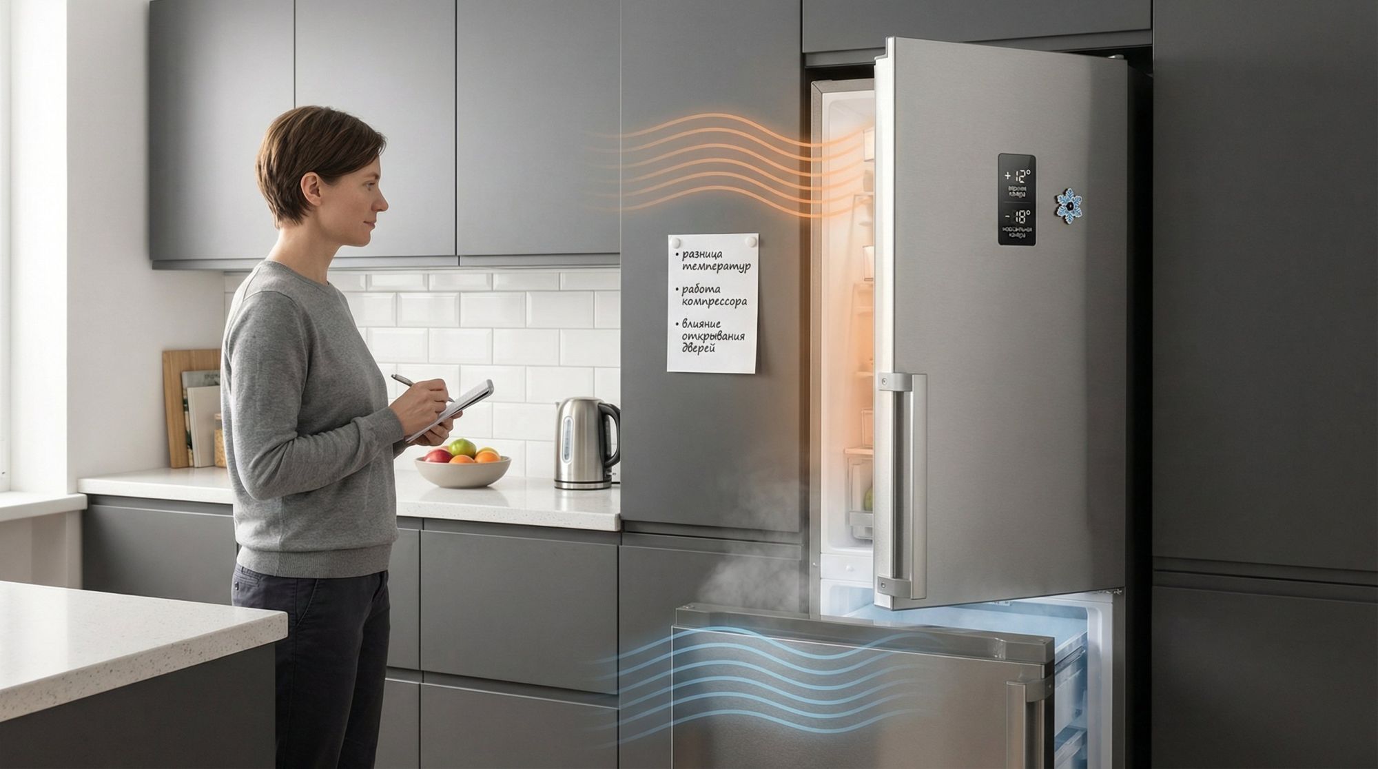 Современная кухня в нейтральных тонах, в центре — двухкамерный холодильник в анфас. Верхняя дверь холодильной камеры слегка приоткрыта, из неё условно выходят мягкие волнистые