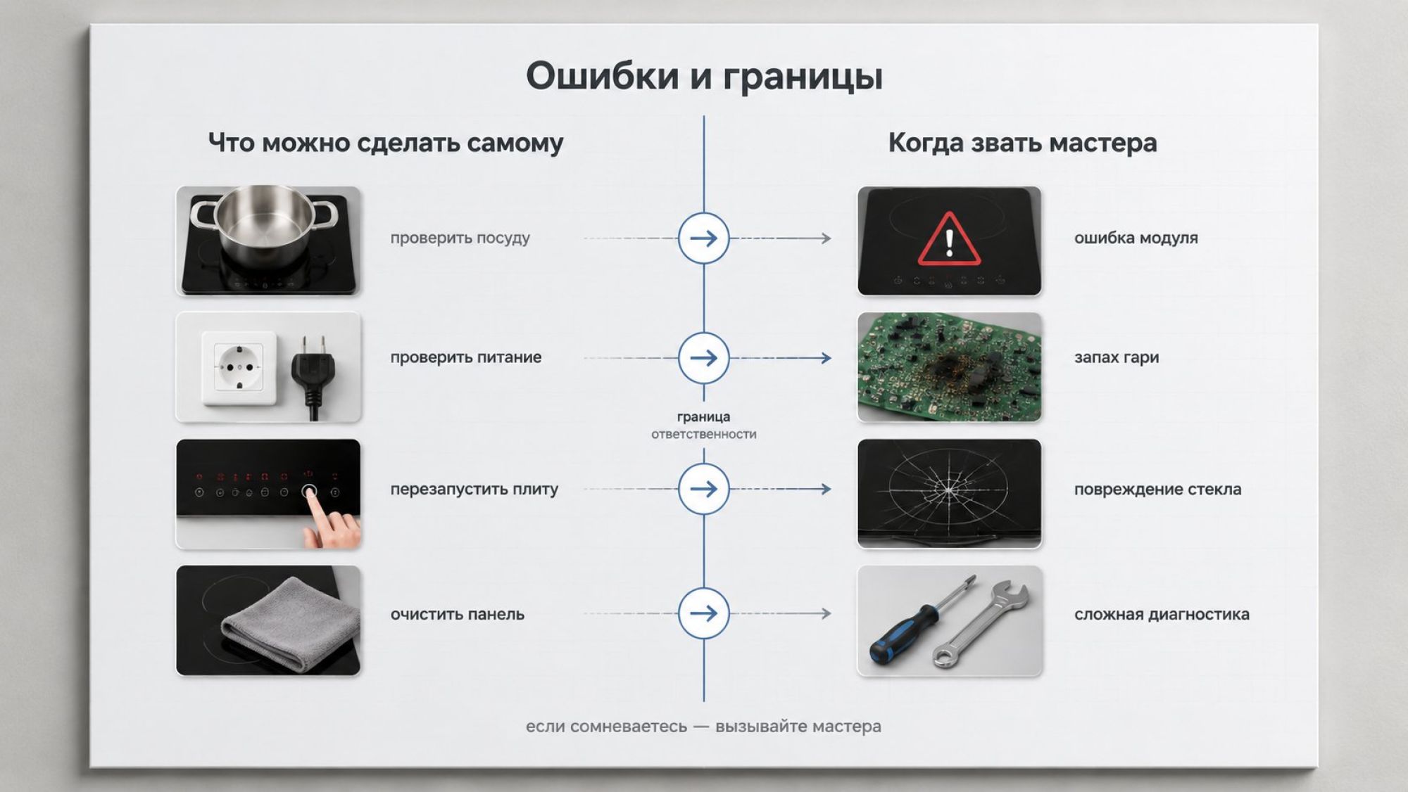 Инфографика в современном минималистичном стиле: по центру крупный заголовок в верхней части «Ошибки и границы». Под ним два больших столбца, разделённых вертикальной линией