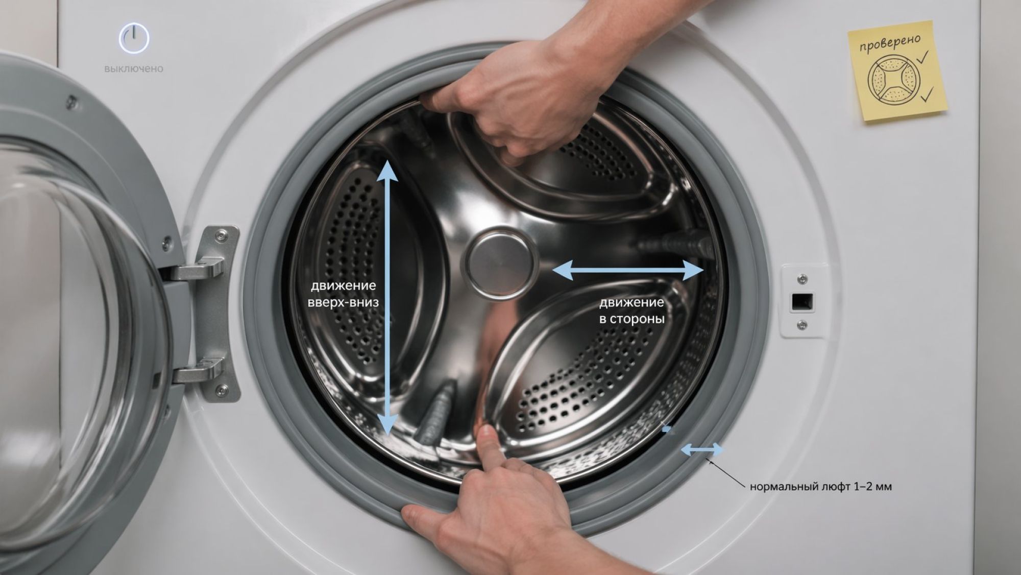 Крупный вид фронтальной стиральной машины с открытым люком на нейтральном светлом фоне. В центре композиции — барабан, в него залезли две реалистично нарисованные руки: одна