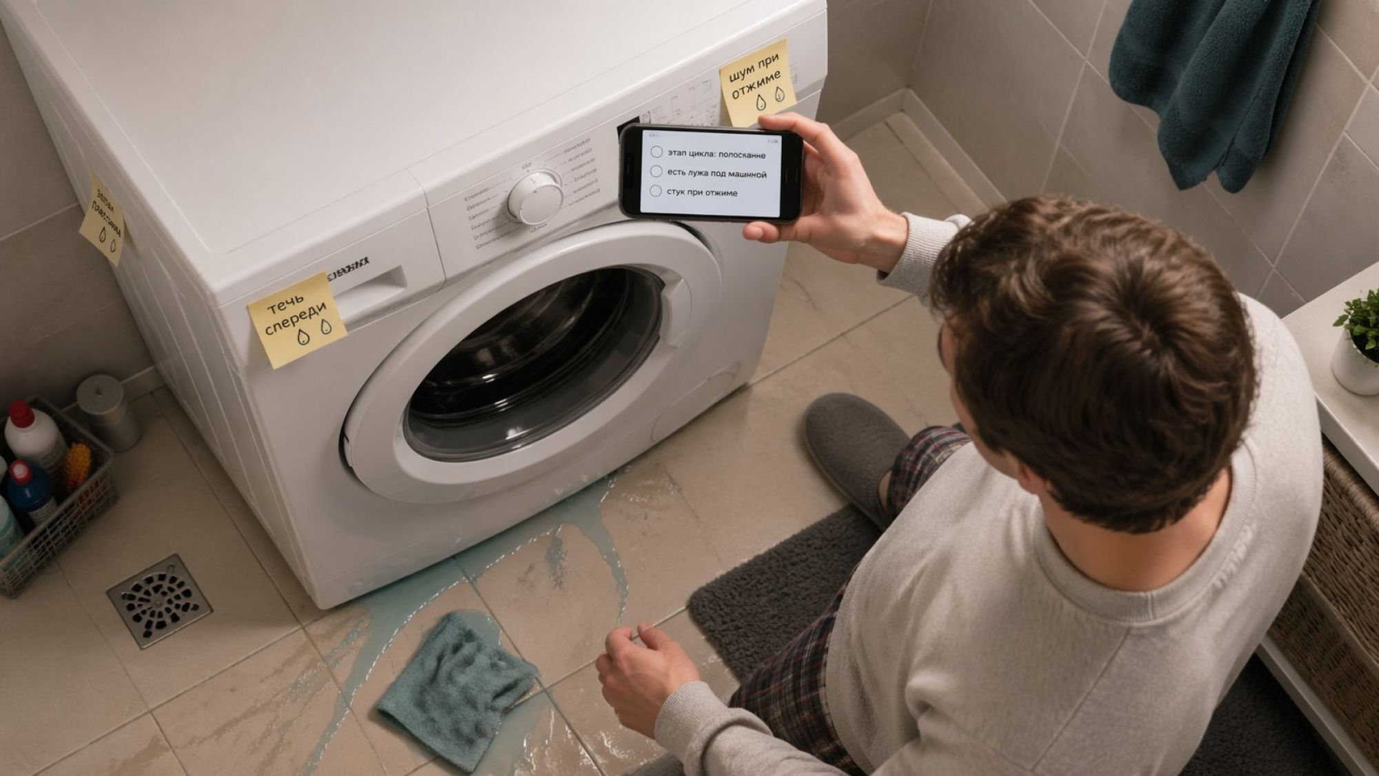Горизонтальная сцена сверху: человек в домашних вещах обходит стиральную машину по кругу в небольшой ванной. Левая часть кадра — стиральная машина, вокруг неё на полу заметны