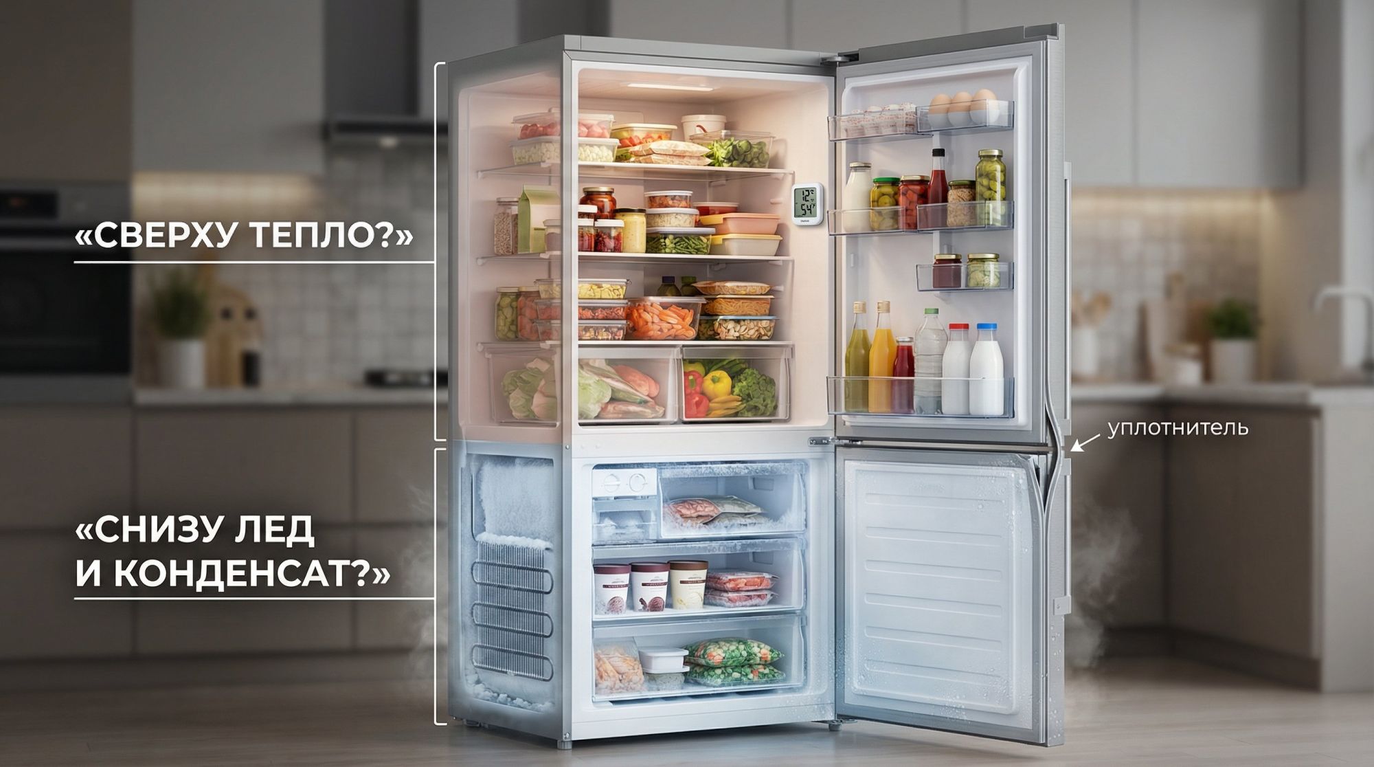 Современный двухкамерный холодильник в разрезе, вид сбоку, без брендов. Камера сверху обозначена полупрозрачным контуром с крупной надписью слева «СВЕРХУ ТЕПЛО?», снизу — камера с