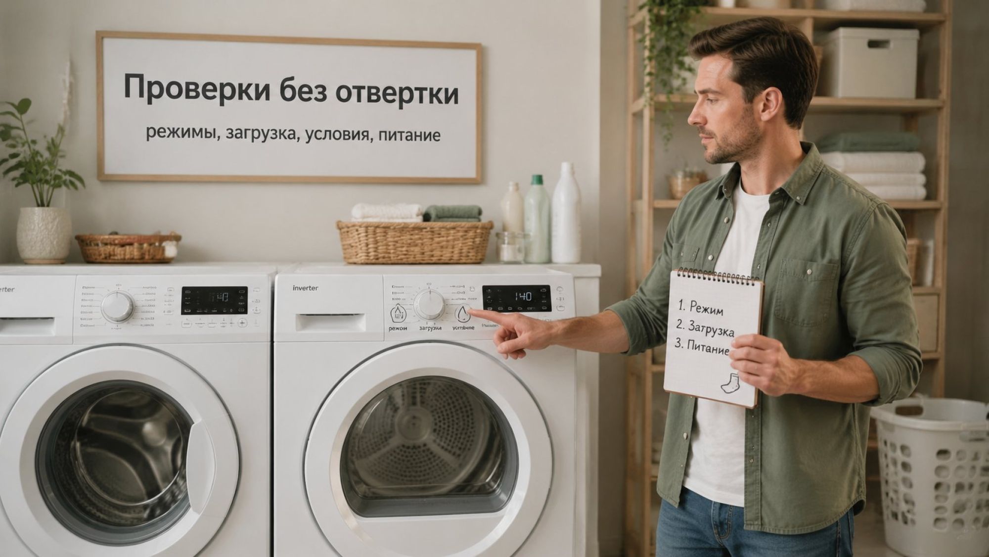 Современная стирально‑сушильная техника в бытовой обстановке: на переднем плане фронтальная сушильная машина, рядом стиральная машина. Справа стоит владелец без инструментов, в