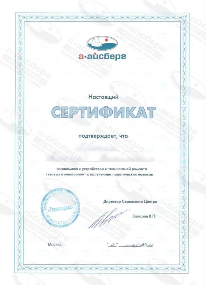 Сертификат мастера по ремонту газовых и электроплит