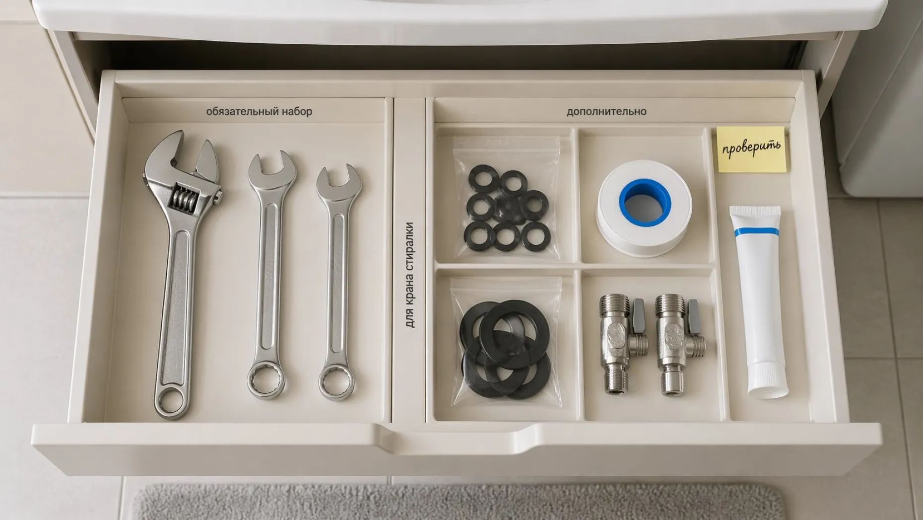 Невысокий шкафчик или выдвижной пластиковый ящик в ванной, сверху вид, всё аккуратно разложено небольшим «набором для крана стиралки». Фон светлый, нейтральный, стиль