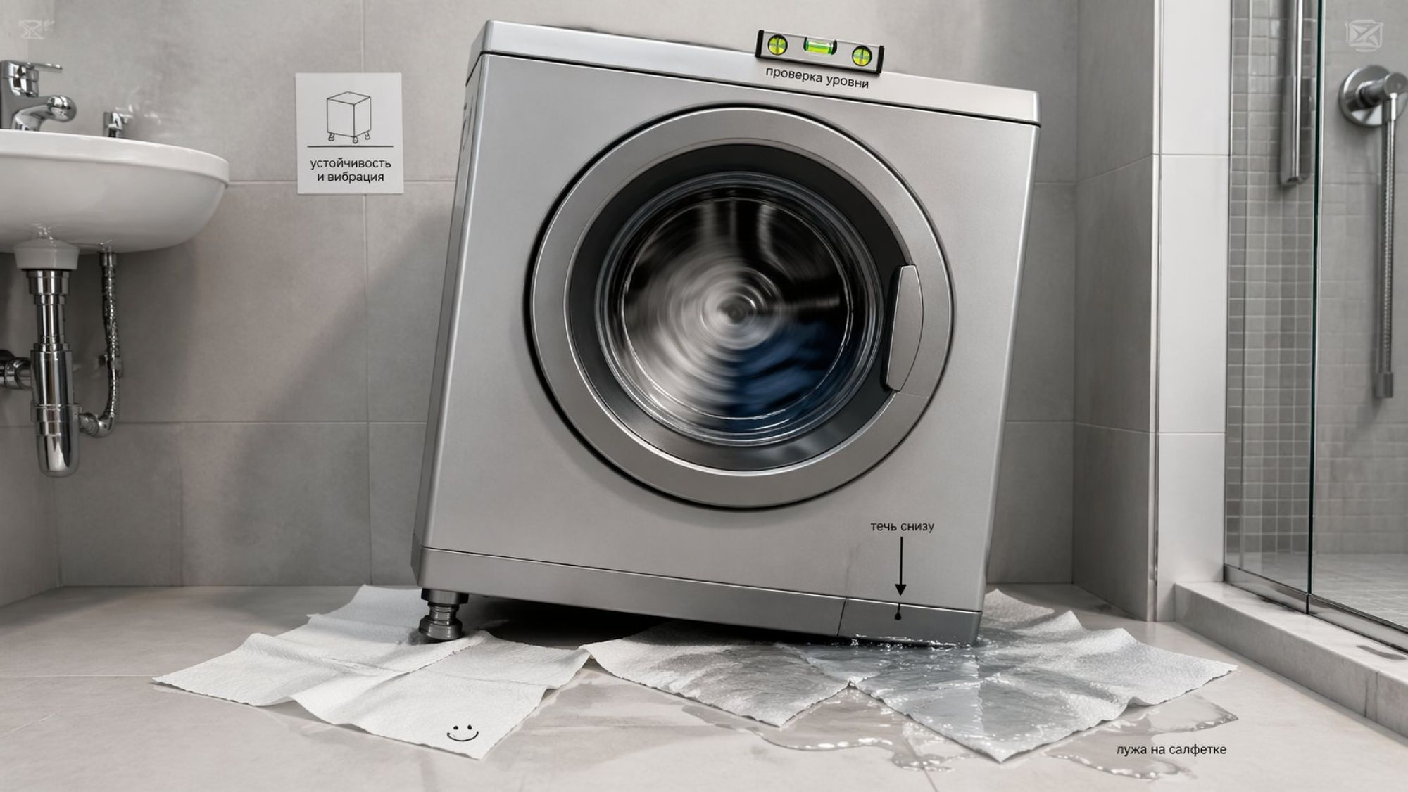 Современная ванная комната в нейтральных тонах, в центре — фронтальная стиральная машина в момент отжима. Корпус машины заметно наклонен и чуть смещён в сторону, одна из передних