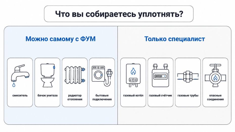 Горизонтальная сравнительная схема, разделённая пополам, с заголовком сверху: «Что вы собираетесь уплотнять?». Слева блок «Можно самому с ФУМ», справа блок «Только специалист»