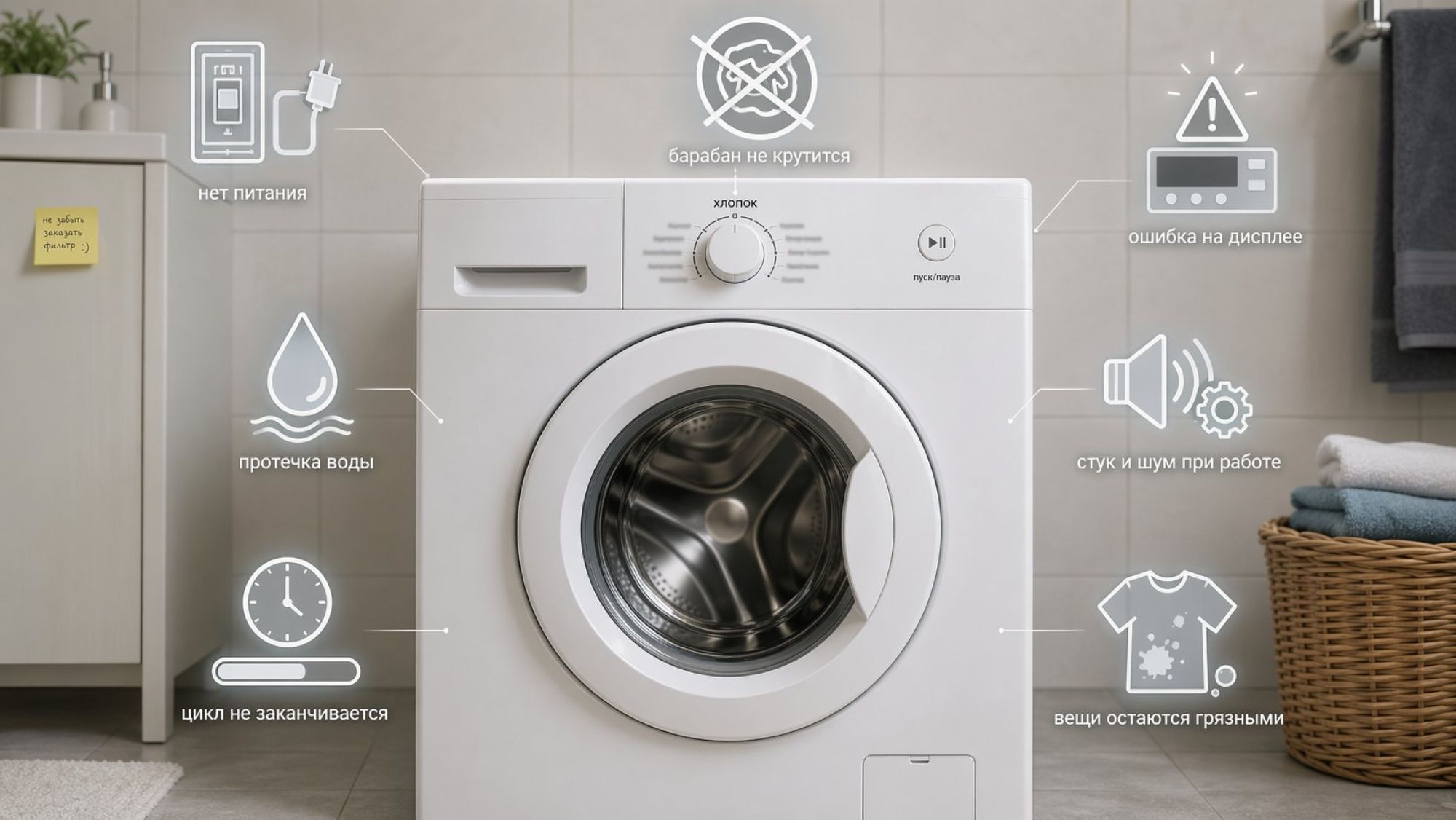 Современная стиральная машина в небольшой ванной, показана крупным планом спереди. Вокруг машинки — аккуратные полупрозрачные пиктограммы с различными «симптомами» поломок, каждая
