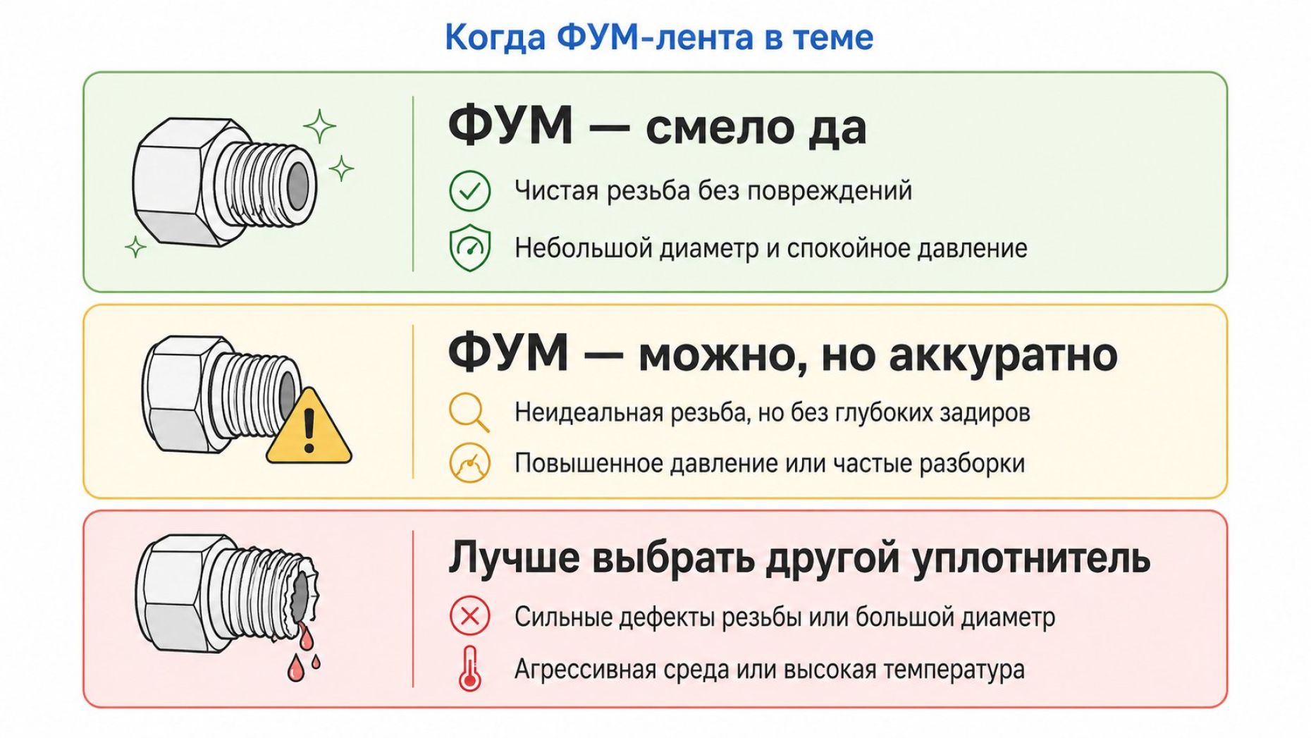 Вертикальная инфографика в виде трёх зон с подписью «Когда ФУМ‑лента в теме». Каждая зона — горизонтальная полоска с небольшим пиктограммным узлом и краткими текстами. Верхняя