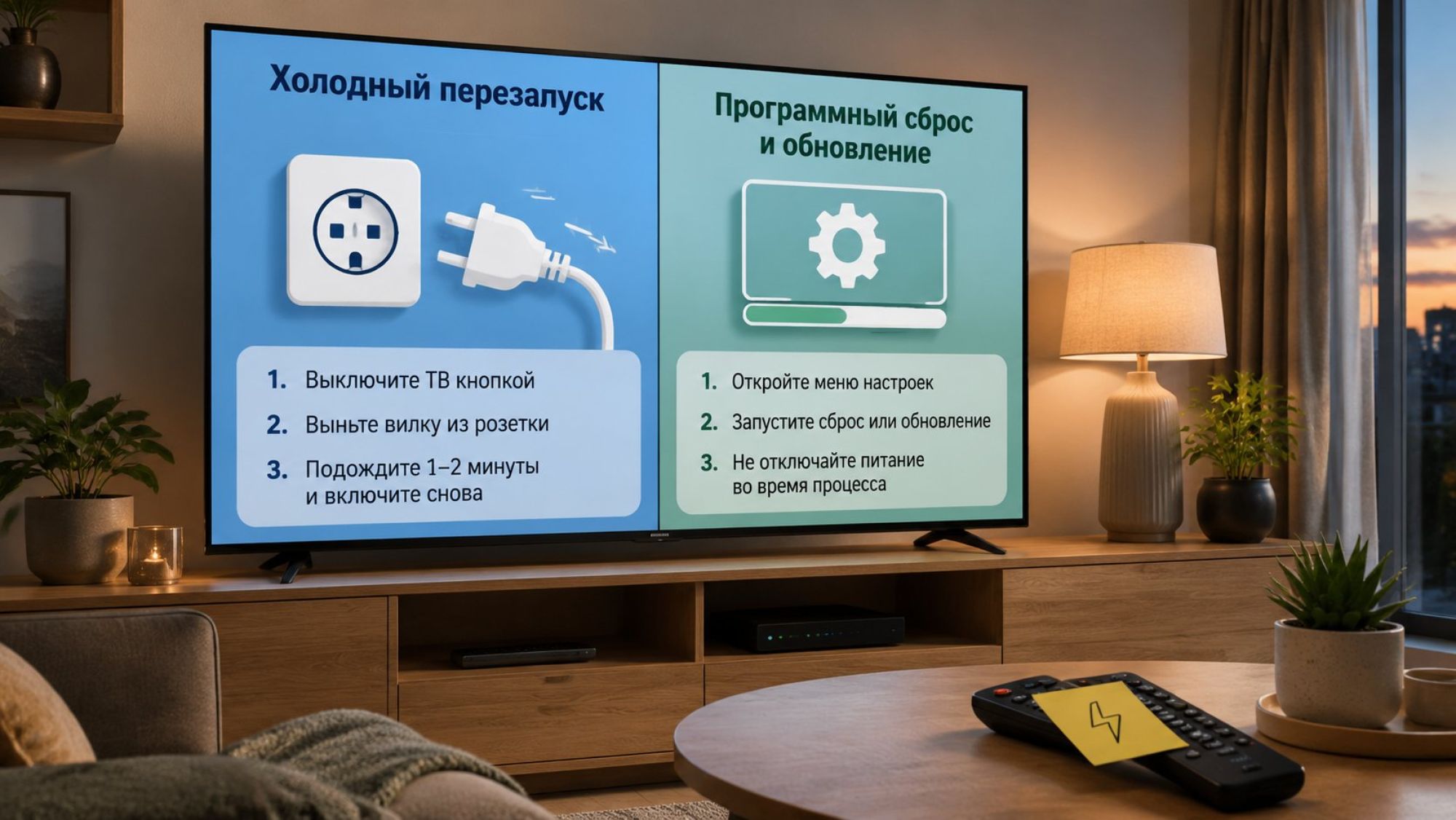 Современная гостиная в нейтральных тонах, в центре — плоский телевизор на тумбе. Экран показывает простую схему из двух основных шагов: слева крупная иконка вилки и розетки с