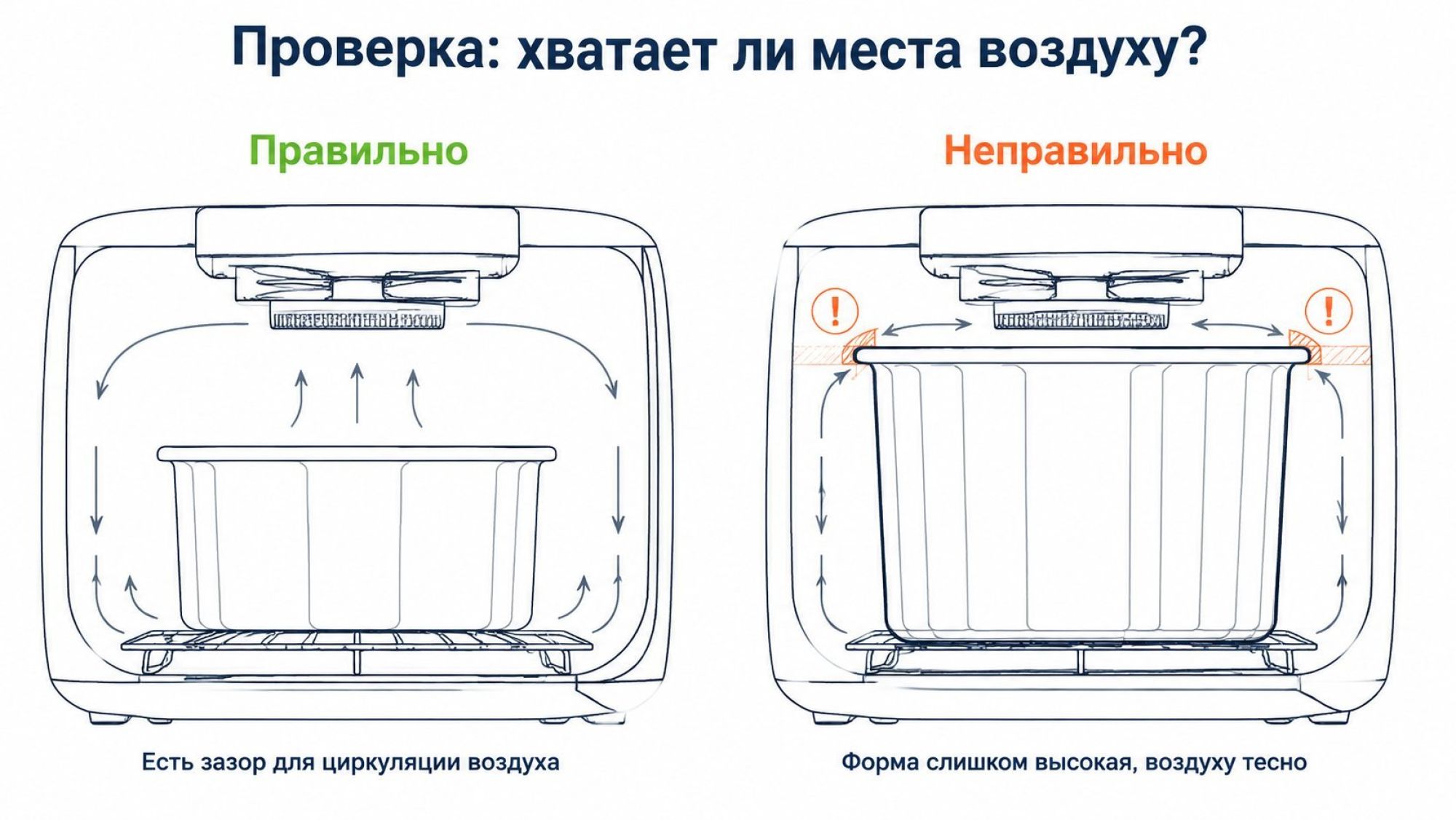 Камера и крышка Изображение разделено вертикально на две половины с общим видом аэрогриля сбоку в разрезе. Вверху по центру крупный заголовок: «Проверка: хватает ли места воздуху?». Левая