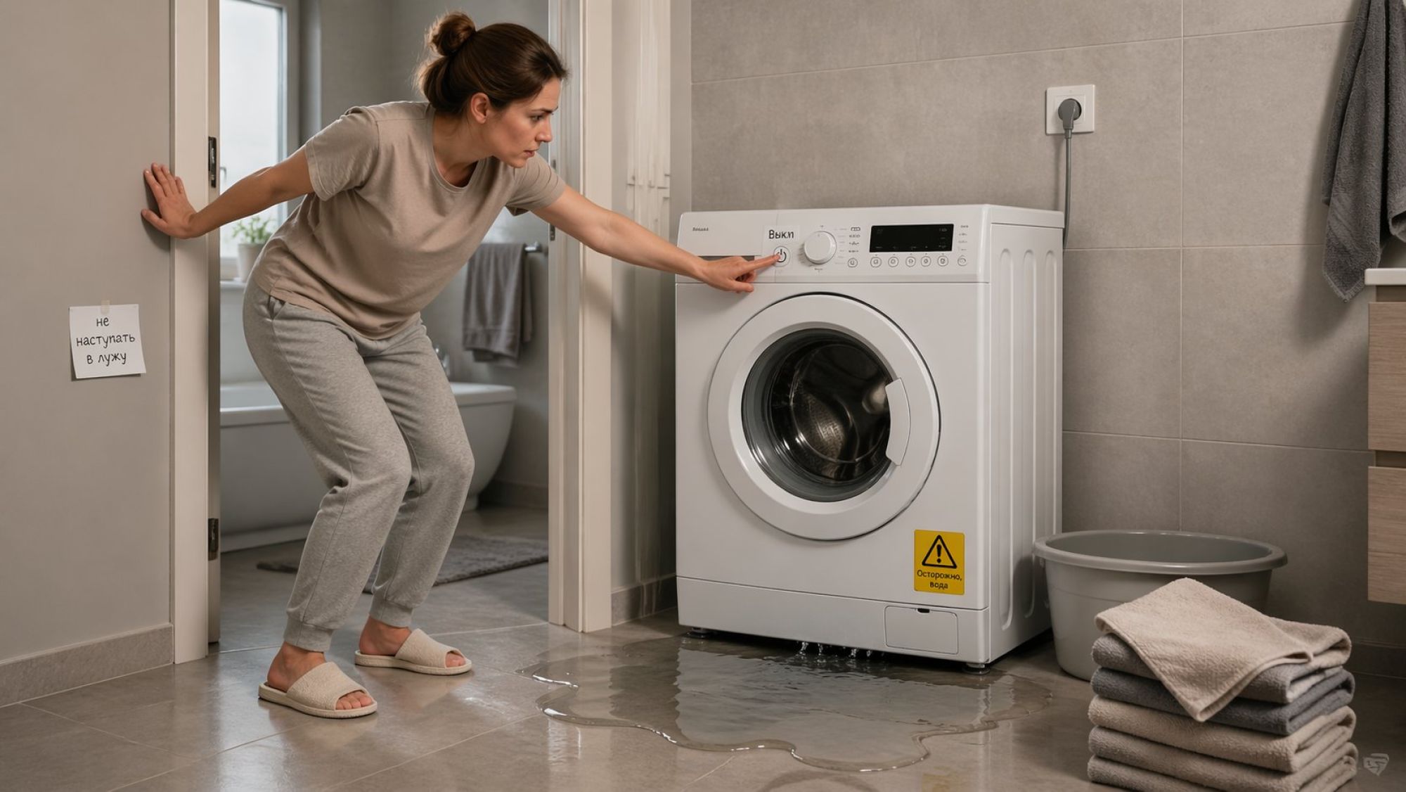 Современная ванная комната в нейтральных тонах, на среднем плане отдельно стоящая стиральная машина, из-под передней части которой растекается заметная лужа. На переднем плане