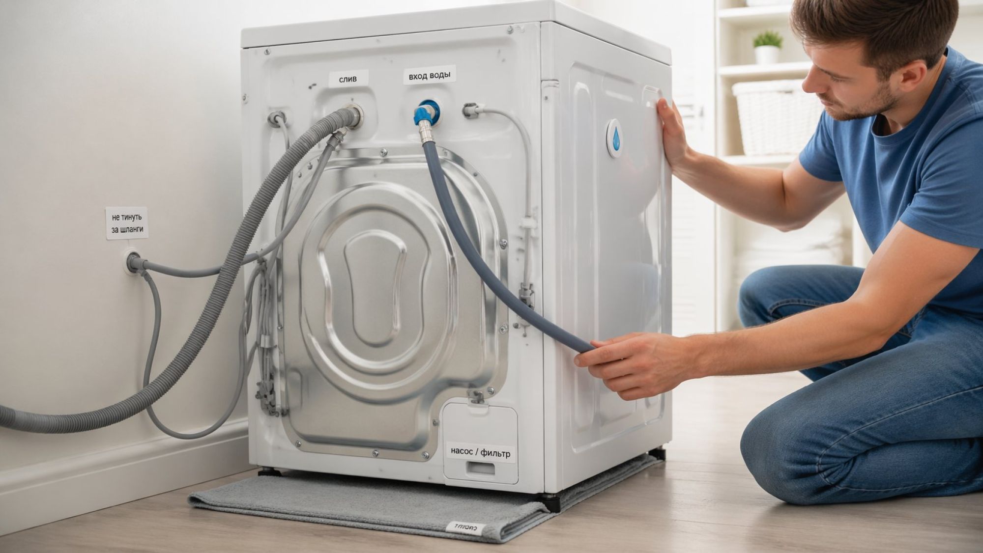 Современная стиральная машина показана сзади и слегка снизу, нейтральный светлый интерьер. Машина немного отодвинута от стены, человек в джинсах и простой футболке аккуратно