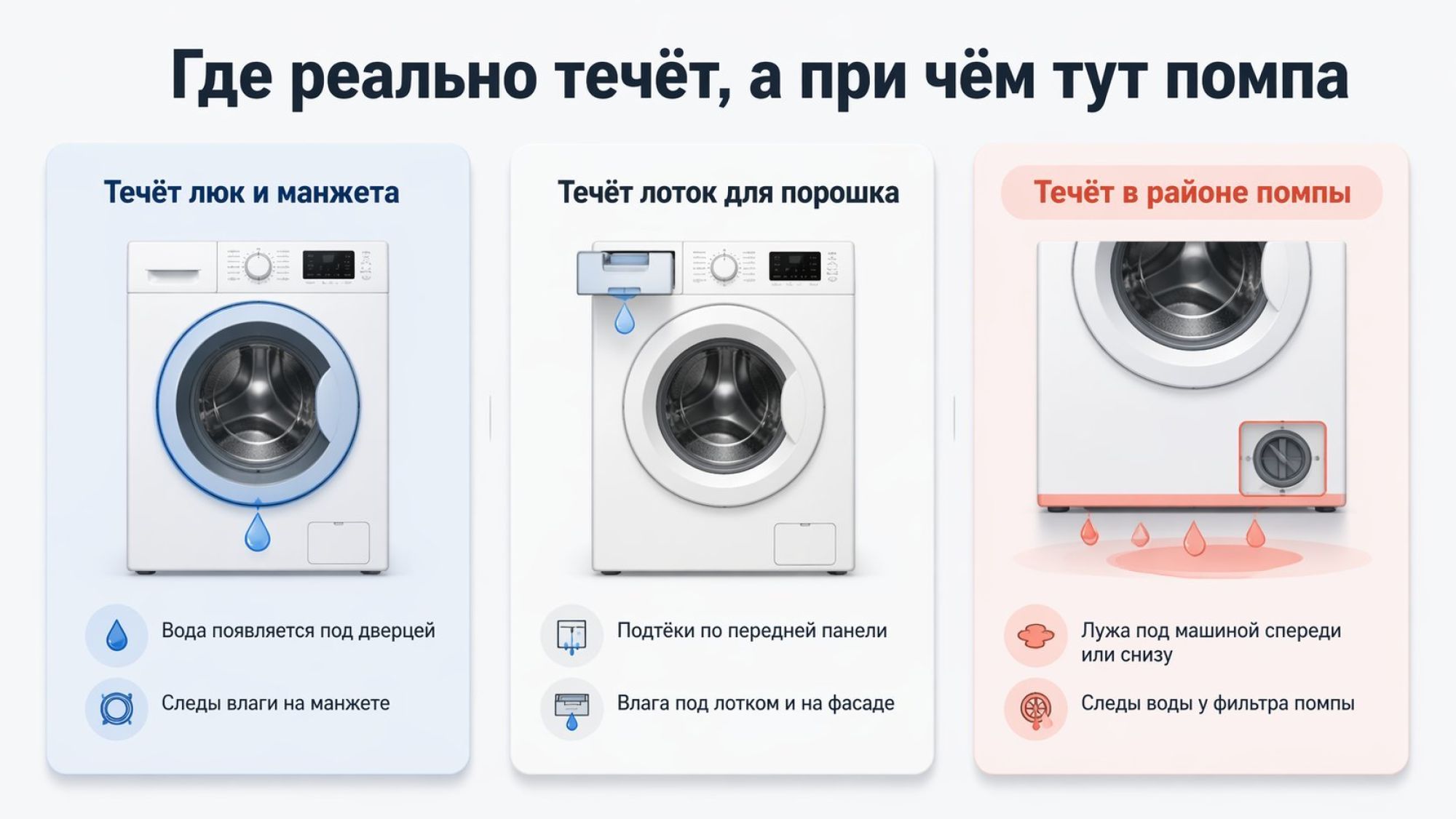 Горизонтальная сравнительная схема на светлом фоне: сверху общий заголовок крупным шрифтом по центру: «Где реально течёт, а при чём тут помпа». Ниже три колонки, визуально