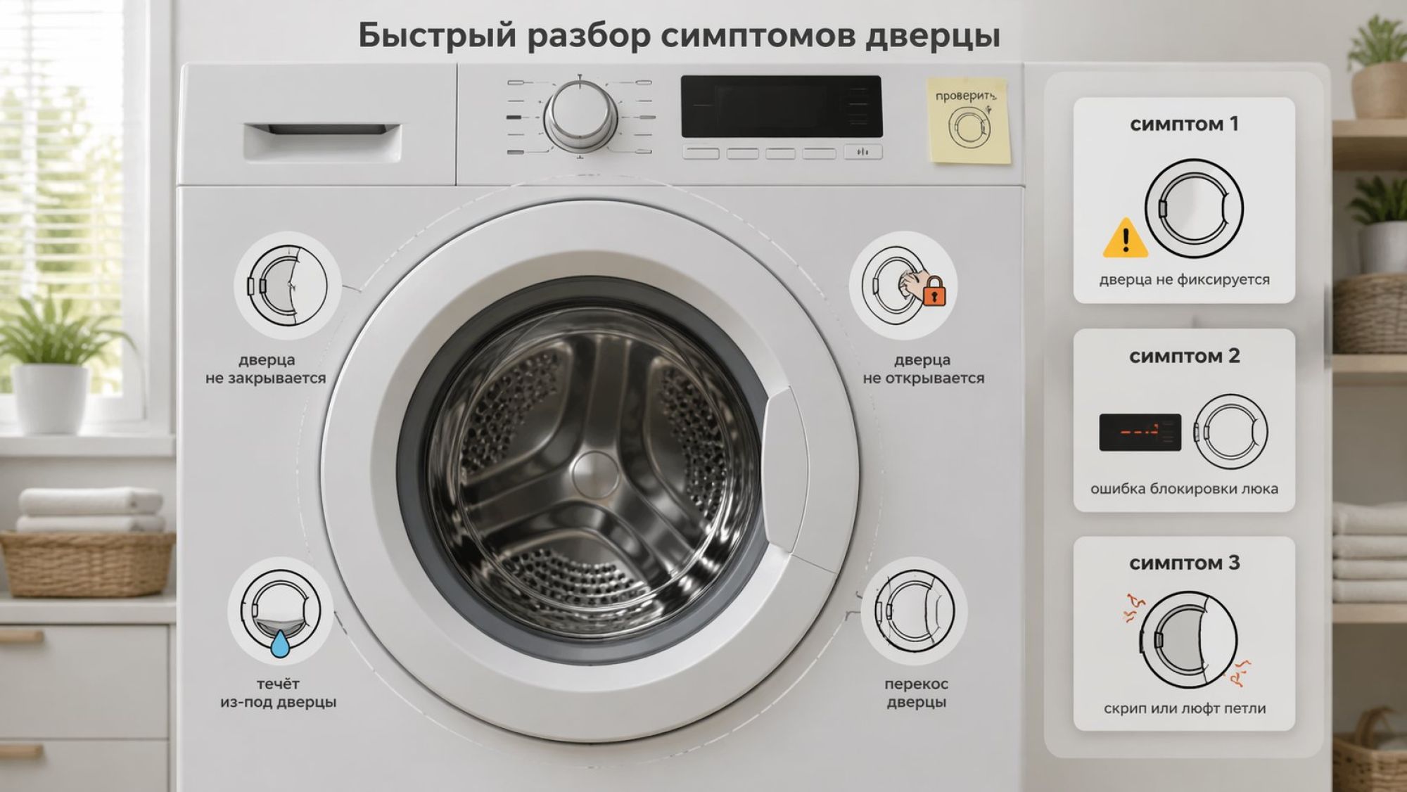 Современная стиральная машина крупным планом, дверца в центре кадра. Вокруг дверцы по кругу расположены небольшие пиктограммы-симптомы с подписями. Вверху над машиной неброский