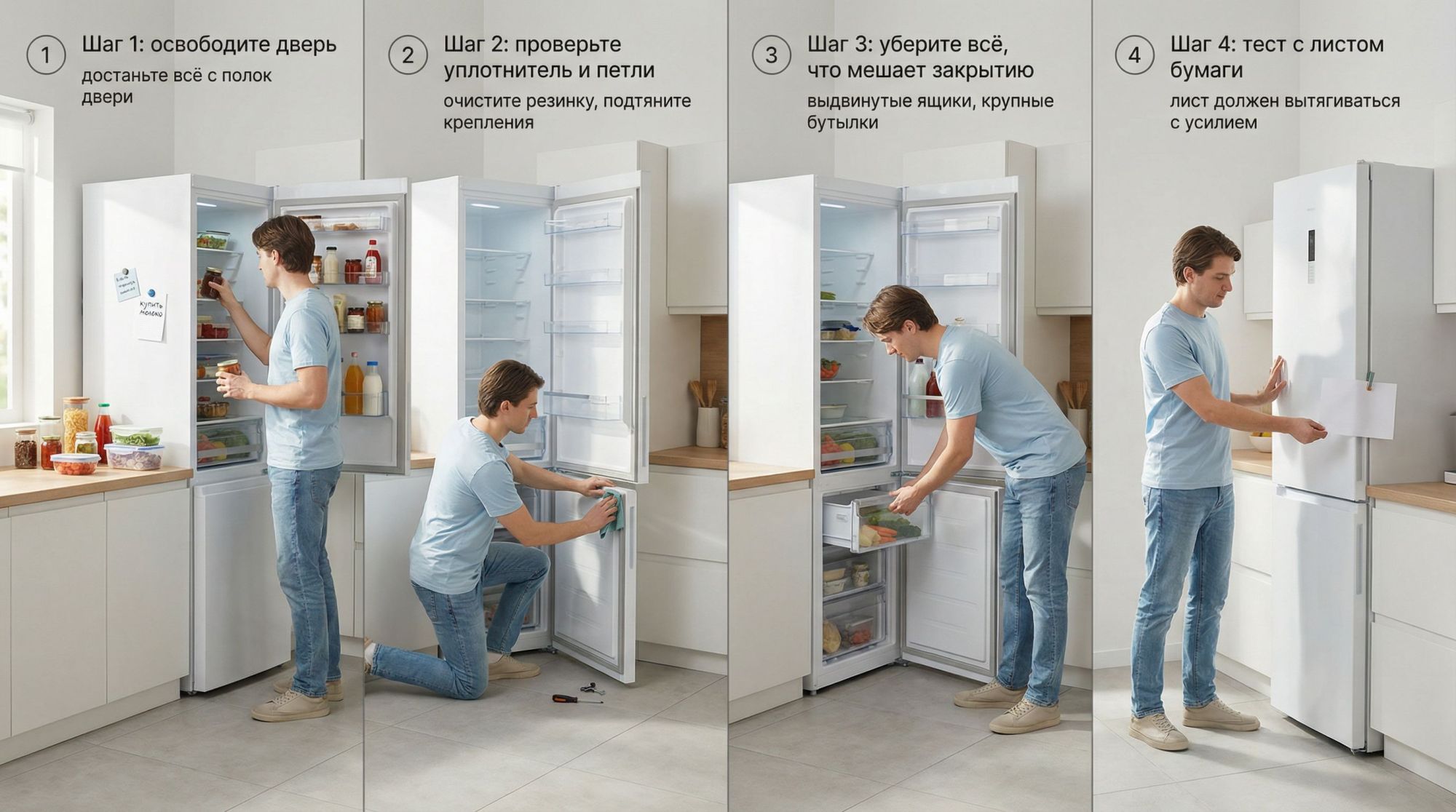 Горизонтальная сцена-пошаговый сценарий в один ряд, показывающая человека, последовательно выполняющего ключевые действия. Фон — светлая кухня, современный холодильник, стиль