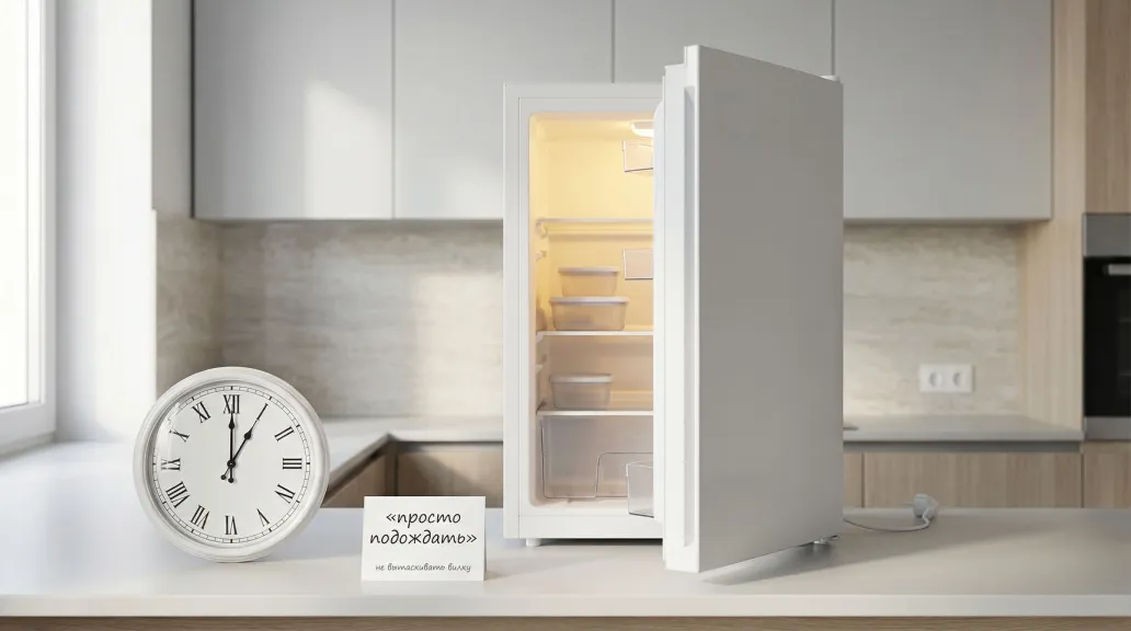 Современная светлая кухня, в центре — отдельно стоящий холодильник, дверца приоткрыта. Внутри горит лампочка, видно пустые полки без продуктов — только пару контейнеров. На
