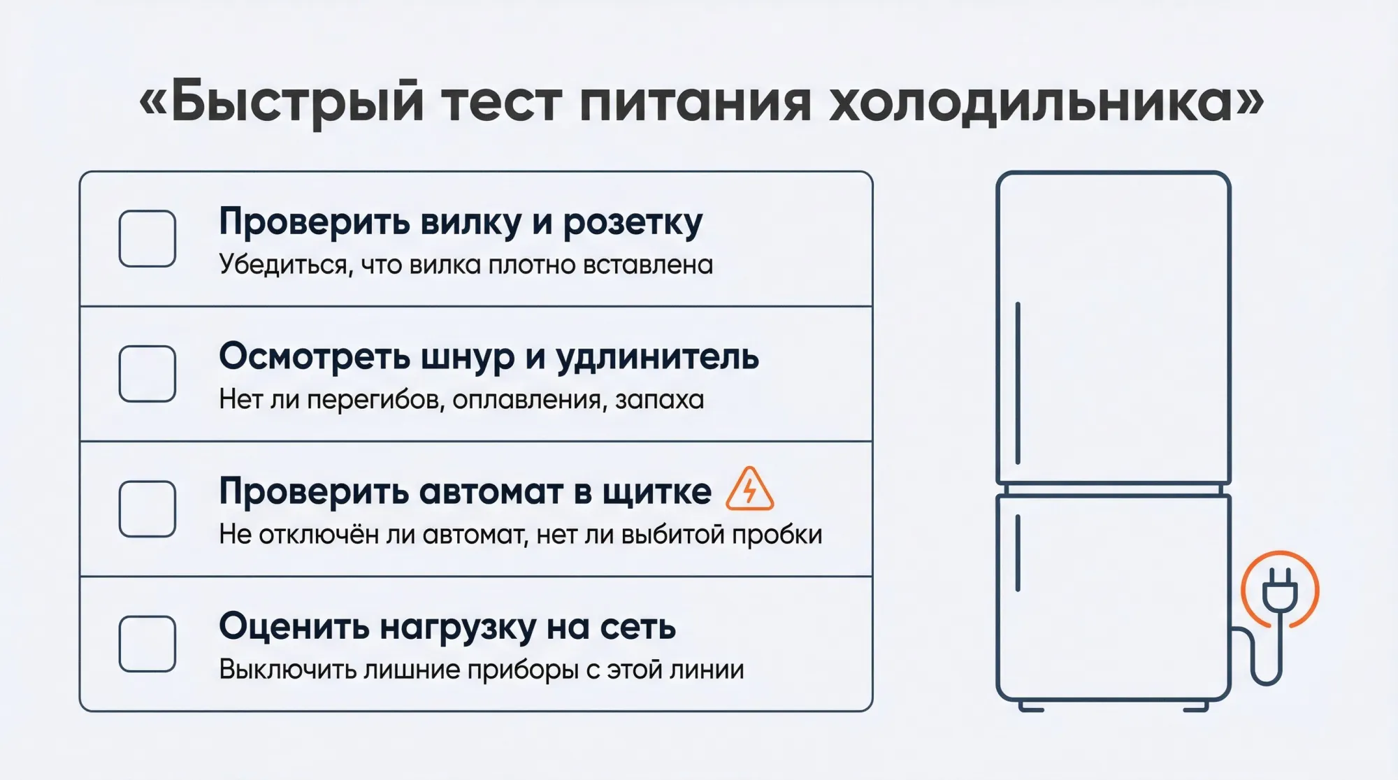 Вертикальная инфографика в виде чек-листа «Что проверить, если мотор не гудит», расположенная рядом с стилизованным силуэтом холодильника. Слева — четыре чек-бокса сверху вниз