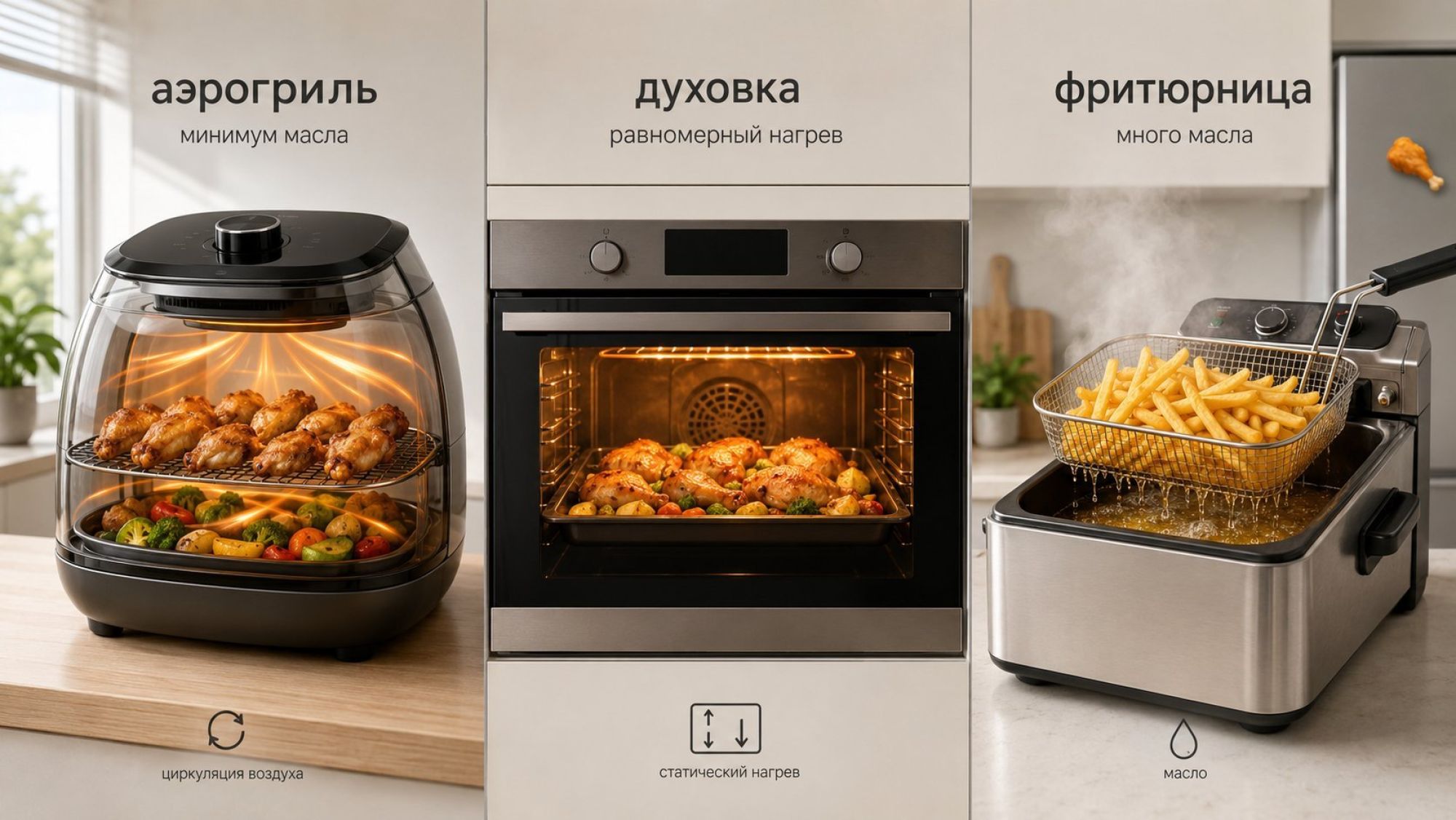Аэрогриль против духовки и фритюрницы Горизонтальный сравнительный кадр на светлой кухне, разделённый на три равные вертикальные зоны с лёгкими тонкими линиями-разделителями. Слева — современный аэрогриль в виде