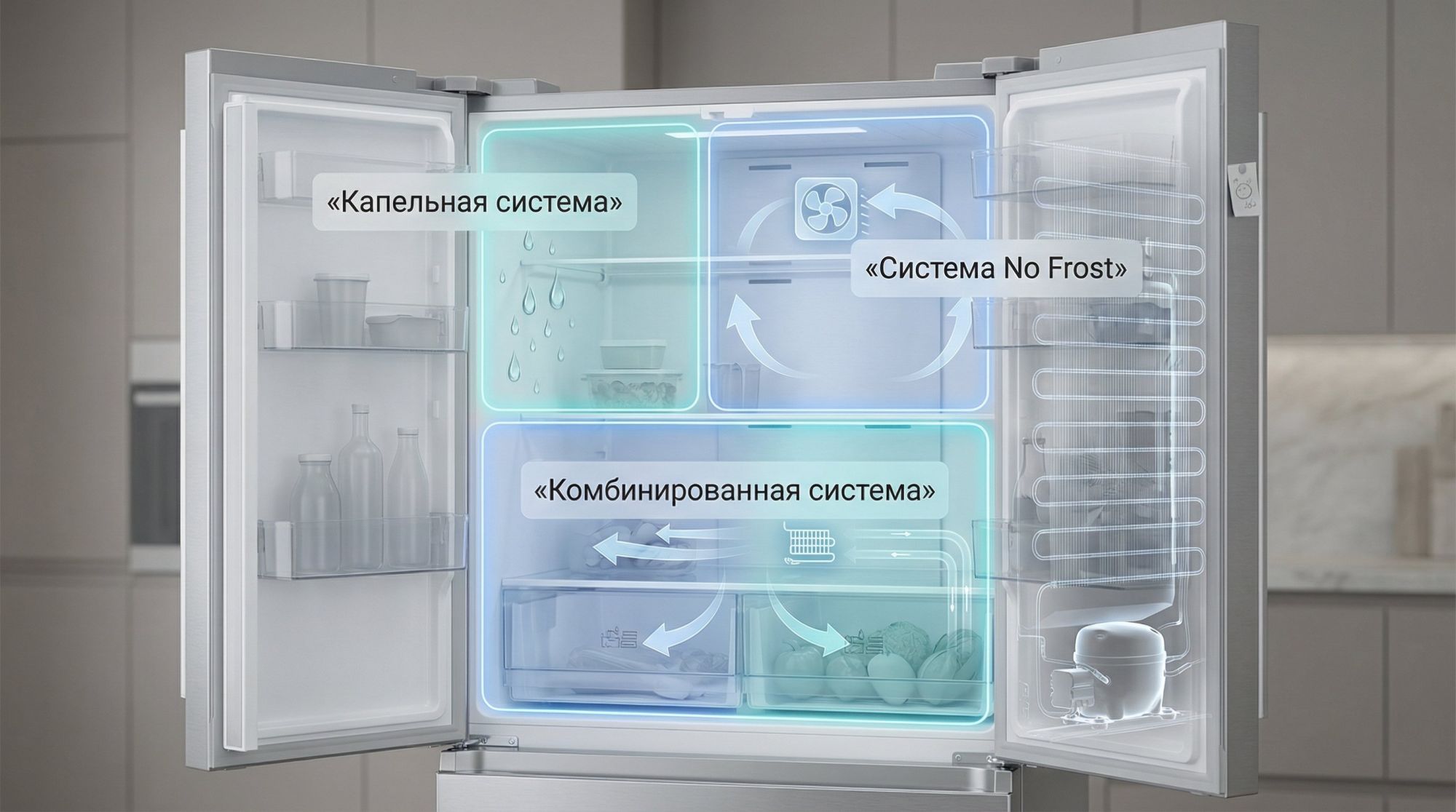 Современный холодильник в легкой полупрозрачной «рентгеновской» подаче, вид спереди с небольшим разворотом, чтобы были видны и внутренняя часть, и задняя стенка. Внутри