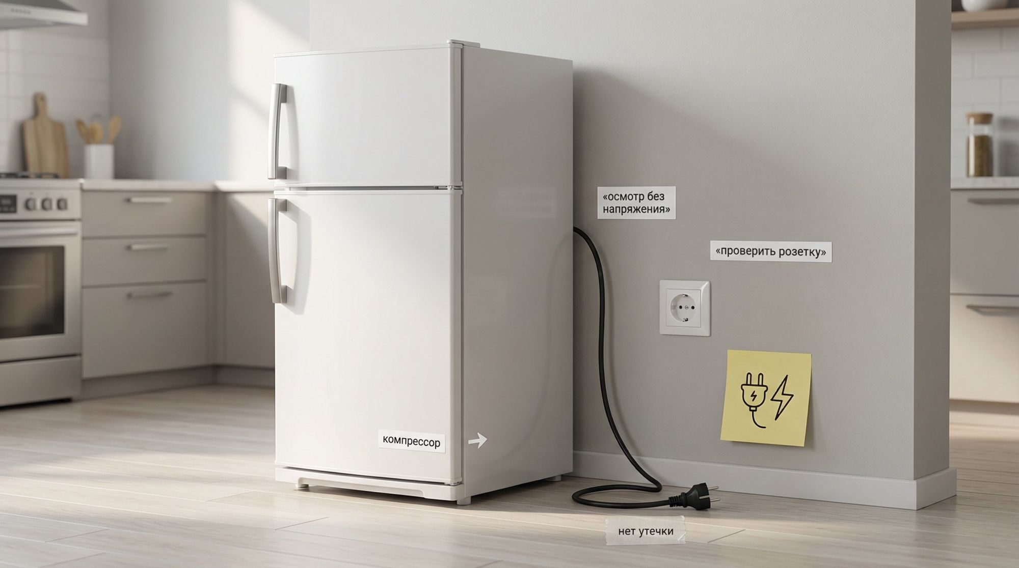 Современная аккуратная иллюстрация: кухня в нейтральных тонах, на переднем плане стандартный холодильник, немного отодвинутый от стены. Справа от холодильника – настенная розетка