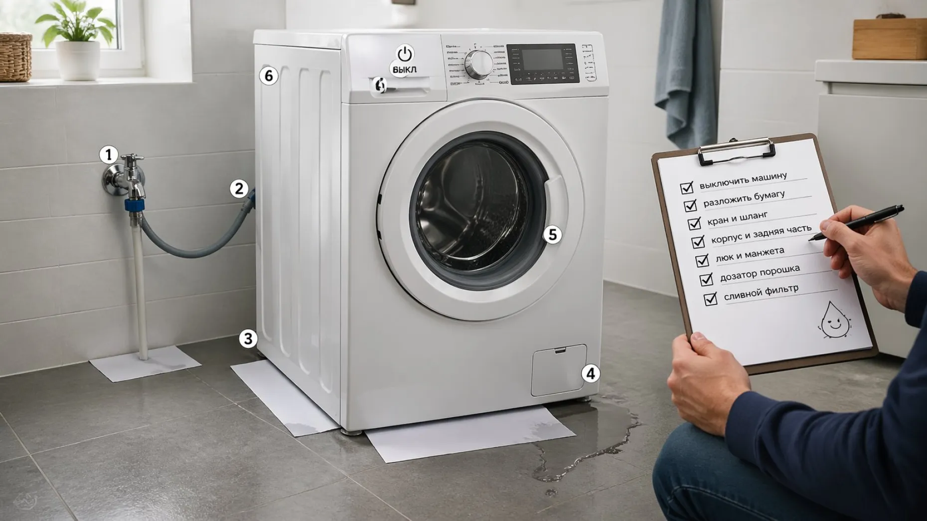 Современная стиральная машина в ванной, вокруг неё аккуратная сцена «осмотра по чек‑листу». Машина стоит немного под углом, под ней небольшая лужица. Рядом на полу разложены три