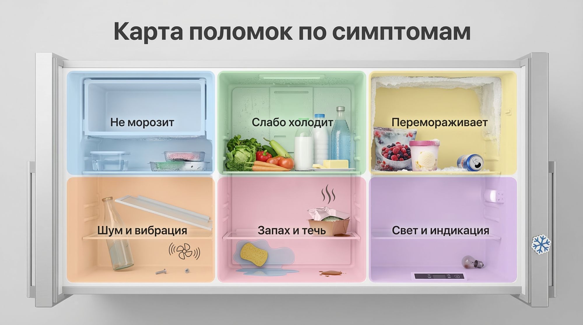 Горизонтальная иллюстрация в современном минималистичном стиле: вид сверху на открытый холодильник, разделенный на шесть крупных цветных зон, каждая зона подписана как отдельная