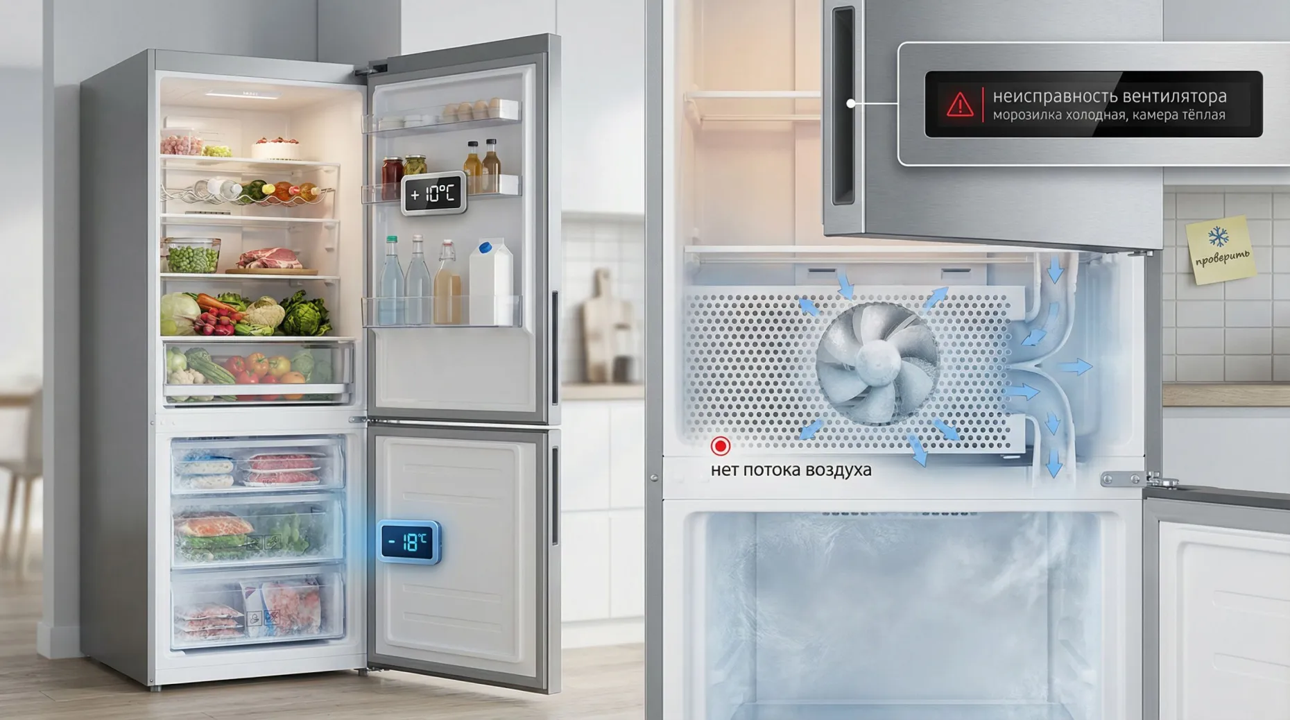 Современный холодильник Ноу Фрост в разрезе, вид сбоку. Левая часть — холодильная камера сверху, морозильная камера снизу; правая часть разрезана, чтобы показать внутренности