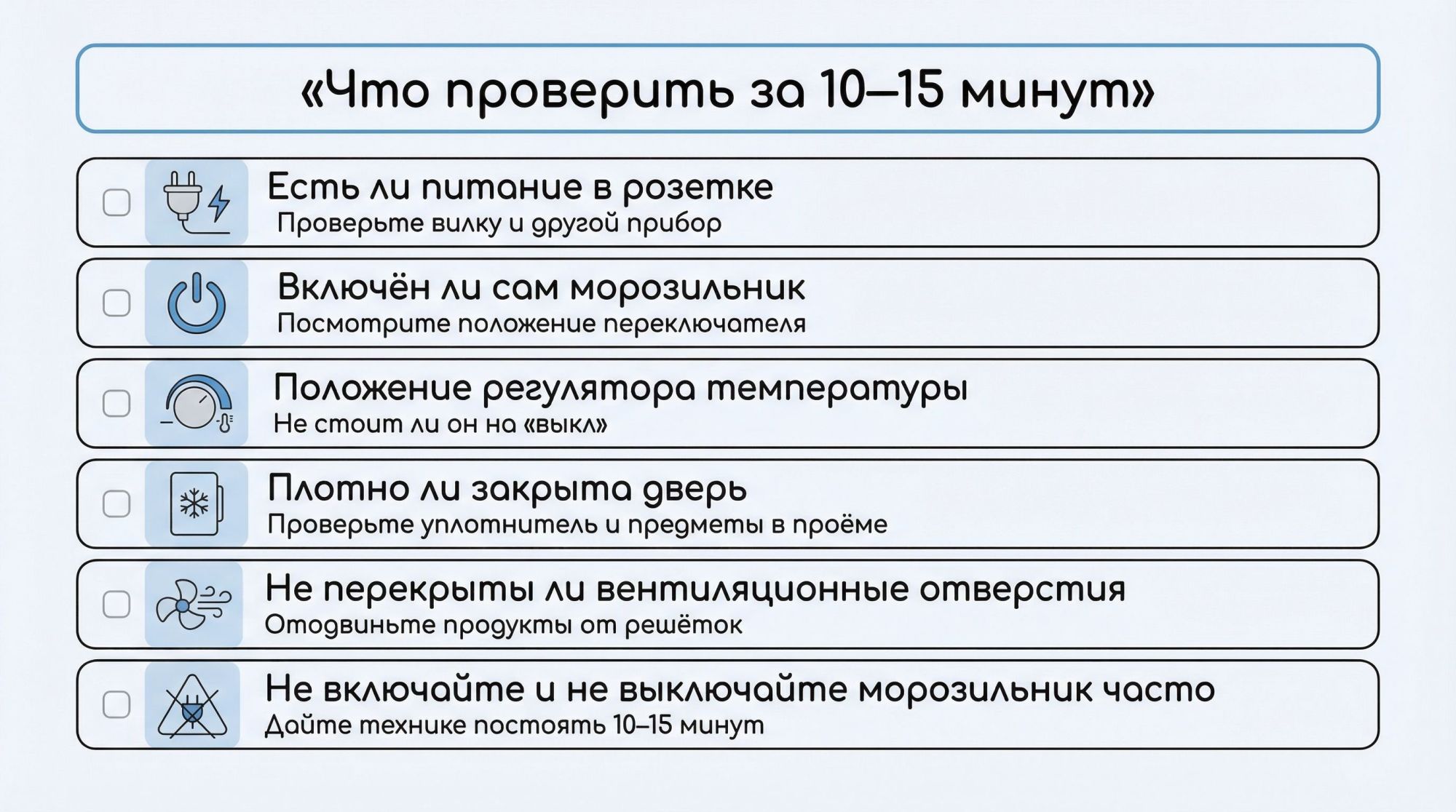 Минималистичная вертикальная инфографика в виде чек-листа «10–15 минут на быструю проверку» по центру листа. Вверху крупный заголовок: «Что проверить за 10–15 минут». Ниже