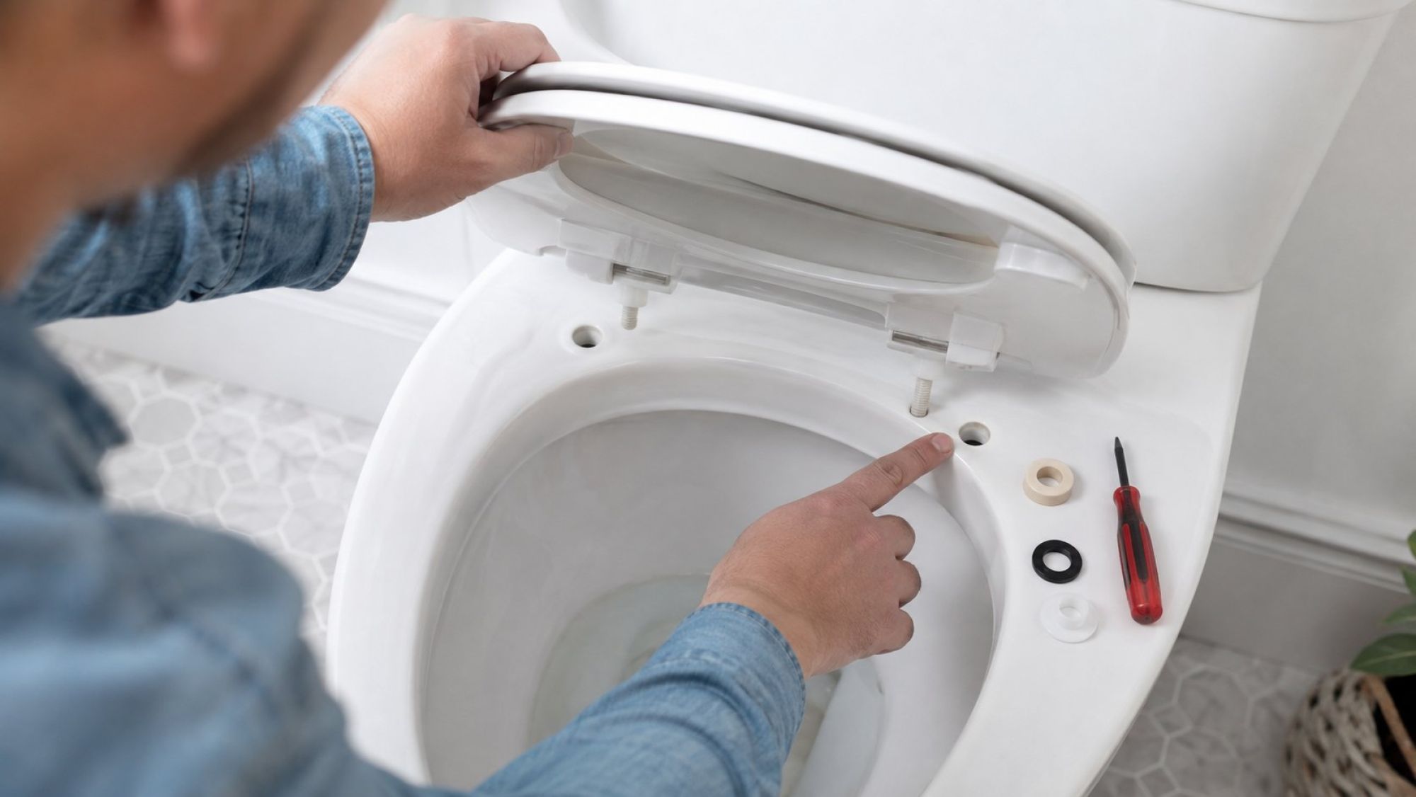 Люфт возникает у чаши, но скорость опускания не меняется Реалистичная clean product-style сцена в светлой ванной: белая чаша унитаза крупным планом сверху под небольшим углом, сиденье и крышка приподняты на несколько сантиметров и