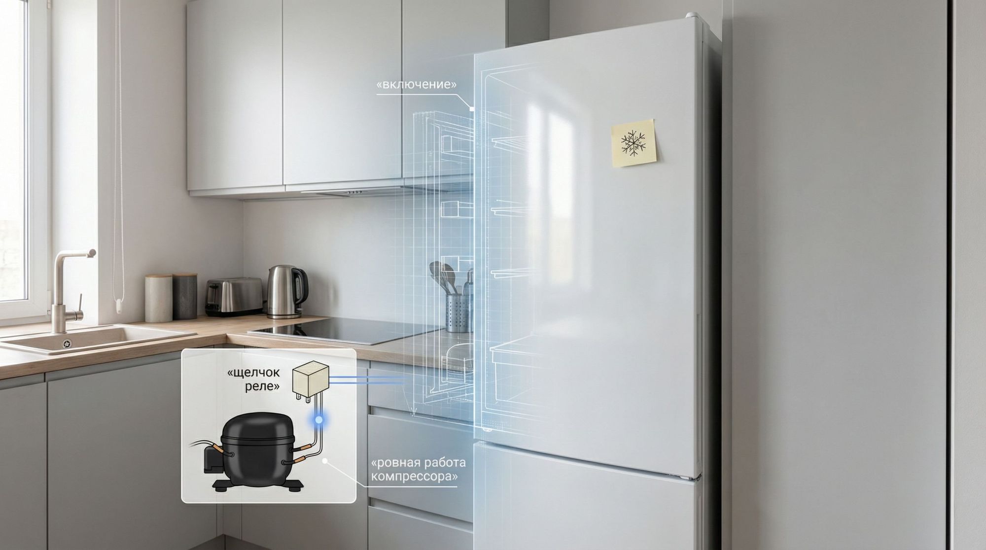 Небольшая, аккуратная кухня в современном минималистичном стиле, акцент на отдельно стоящем холодильнике сбоку. На переднем плане схематично показан корпус холодильника, рядом