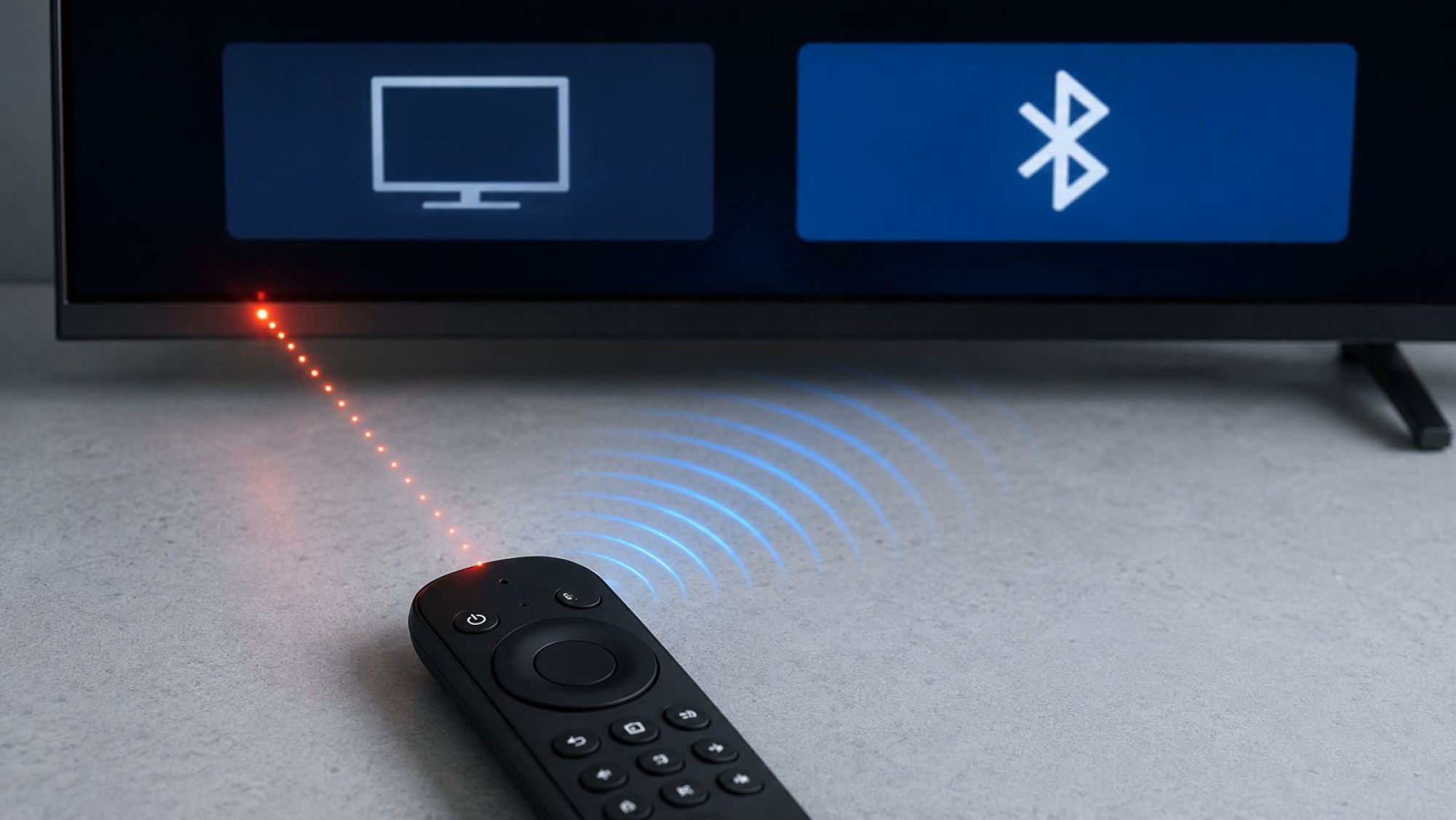 Чистая flat UI-сцена на светлом холодном фоне: пульт Smart TV лежит внизу по центру, от его переднего торца к телевизору слева направлен тонкий полупрозрачный конус инфракрасных