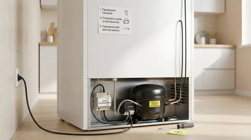 Современная аккуратная иллюстрация: вид сзади на холодильник в светлой кухне. В центре композиции — задняя стенка холодильника, немного повернутая под углом. Внизу показан