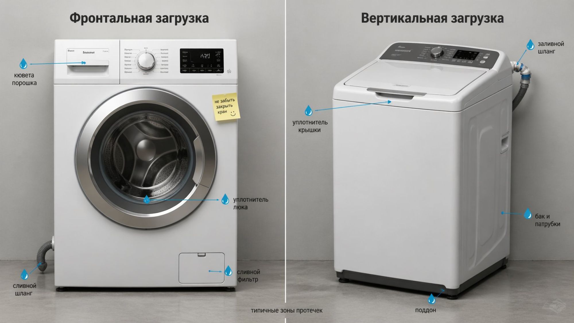Инфографика в виде сравнения двух типов стиральных машин. Экран поделен вертикально пополам. Слева крупная фронтальная стиральная машина, вид спереди, справа — вертикальная, вид