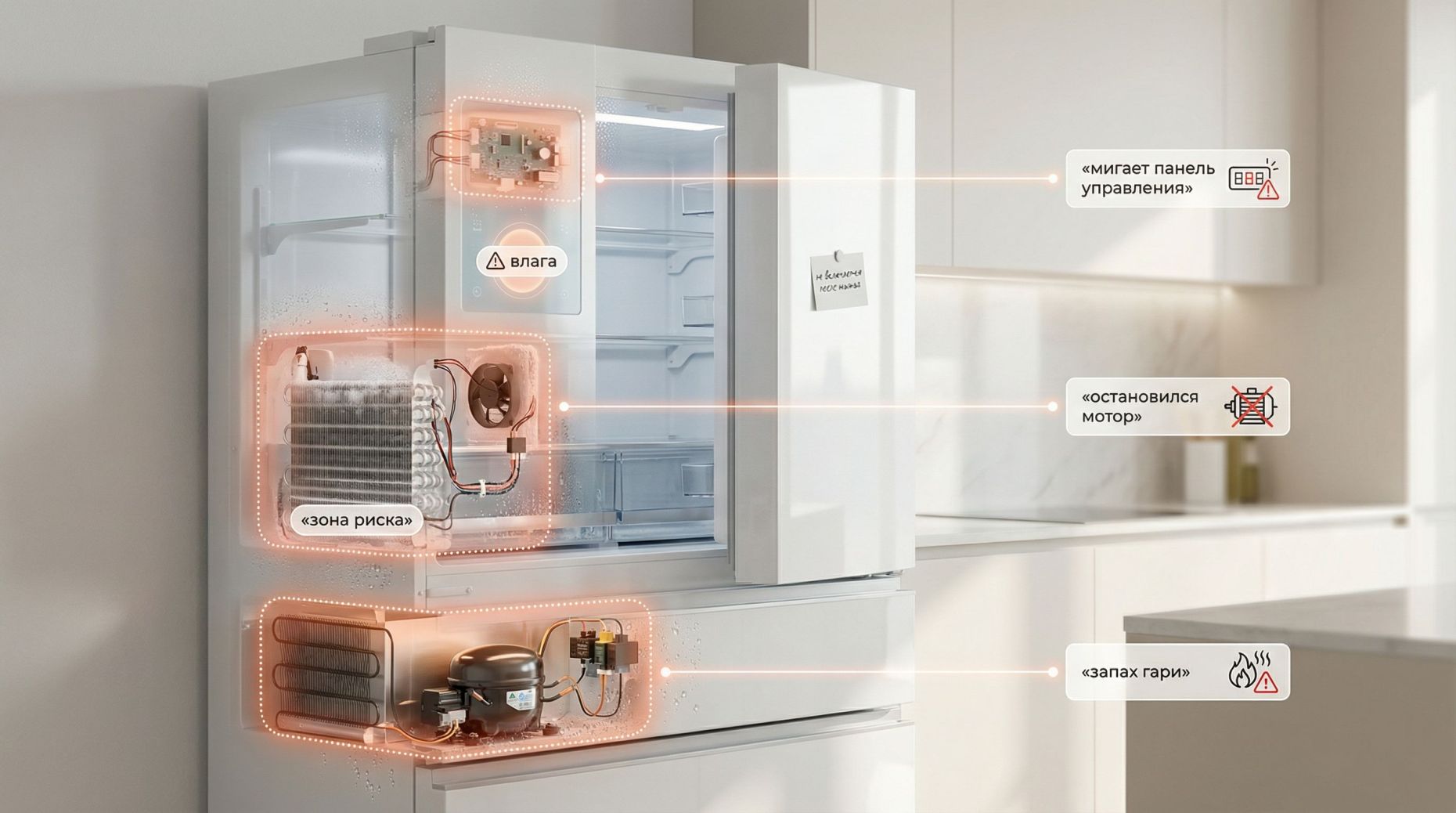 Современный холодильник в разрезе, вид сбоку и чуть сверху, спокойная светлая кухня без лишних деталей. На переднем плане силуэт холодильника, часть передней стенки и боковины как