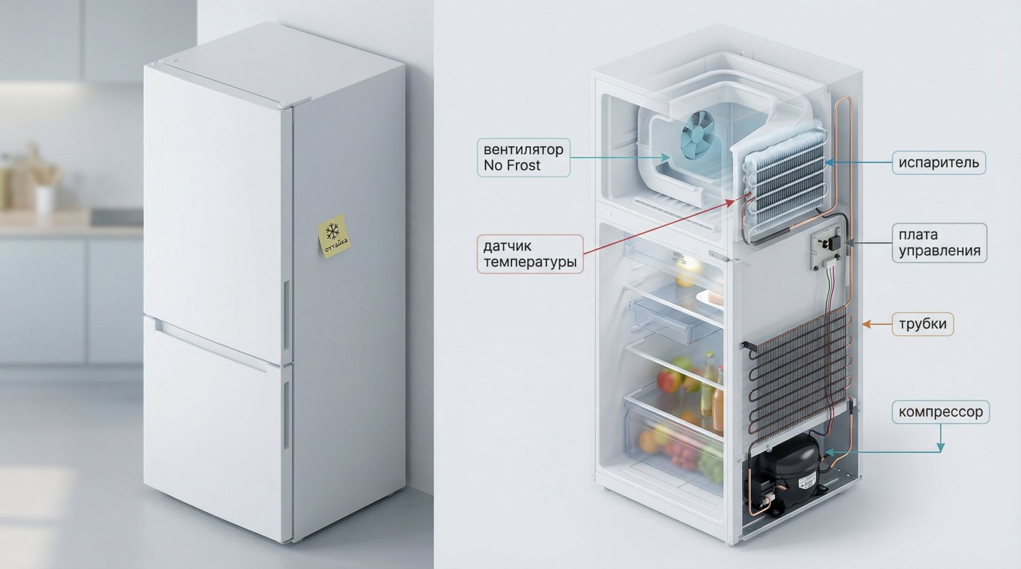 Изометрический разрез современного двухкамерного холодильника, показанного наполовину «в разрезе», наполовину в обычном виде. Слева виден общий корпус, справа — раскрытая
