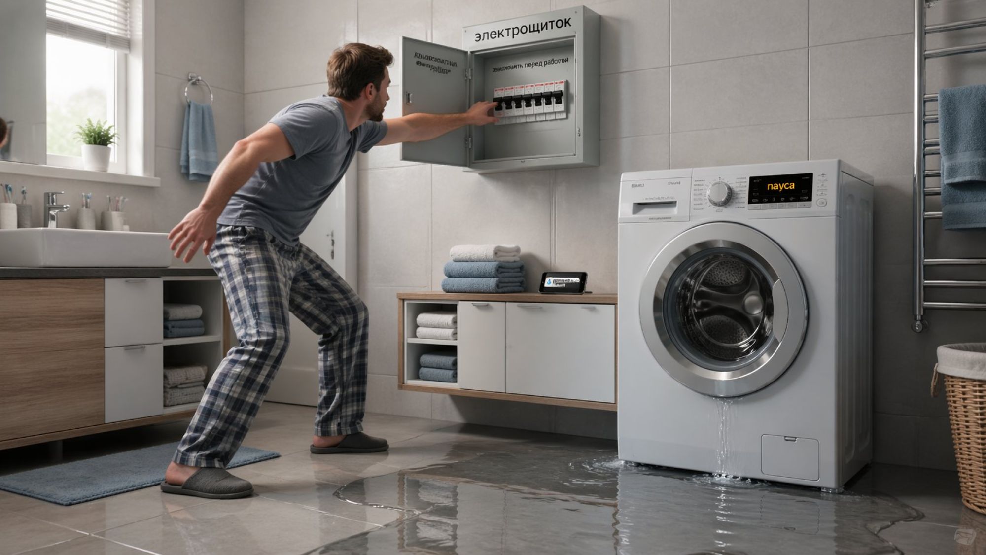 Современная ванная комната сверху-сбоку: на полу вокруг стиральной машины видна растекающаяся вода. На передней панели машины горит пауза, рядом на тумбе лежат смартфон и