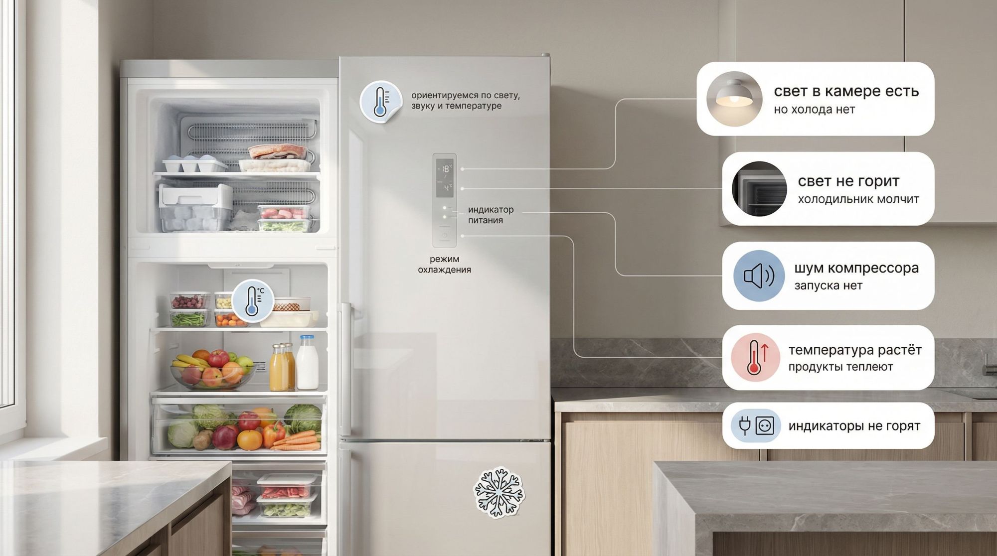 Горизонтальная иллюстрация в современном минималистичном стиле. Слева — крупный холодильник в интерьере кухни, нарисованный в разрезе наполовину условно прозрачным: видны две