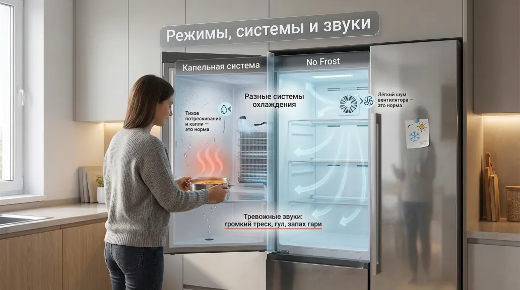 Горизонтальная иллюстрация в разрезе: на переднем плане обычная кухня, человек ставит в холодильник кастрюлю с горячим супом (от кастрюли идут мягкие красно-оранжевые волны