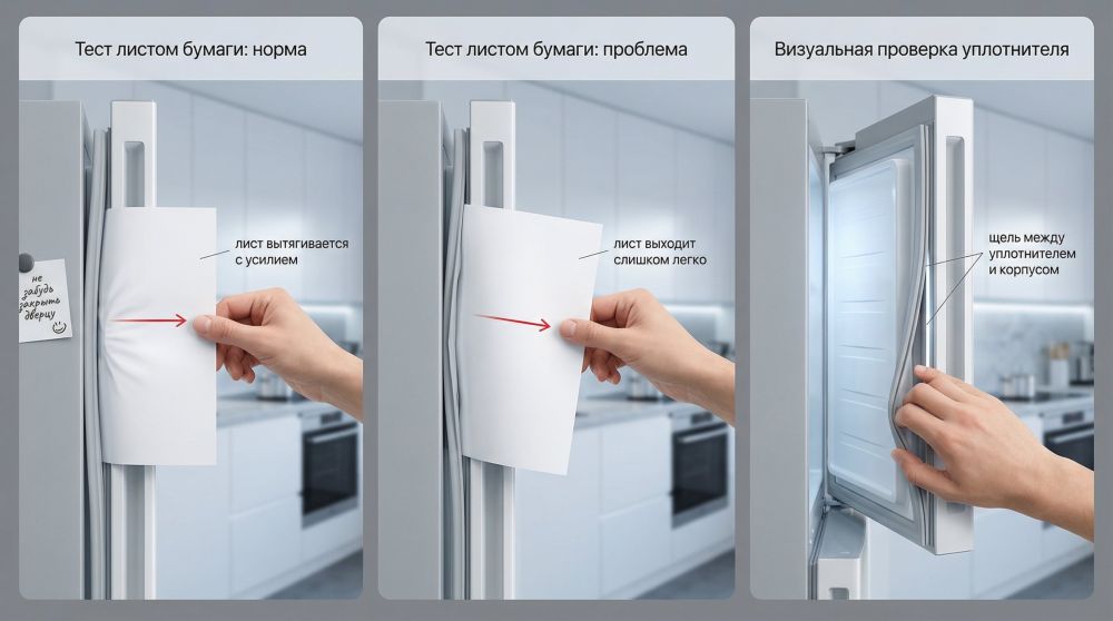 Горизонтальная иллюстрация, разделенная на три аккуратных этапа проверок, каждый с подписью сверху. Слева блок «Тест листом бумаги»: крупным планом рука человека зажимает в дверце